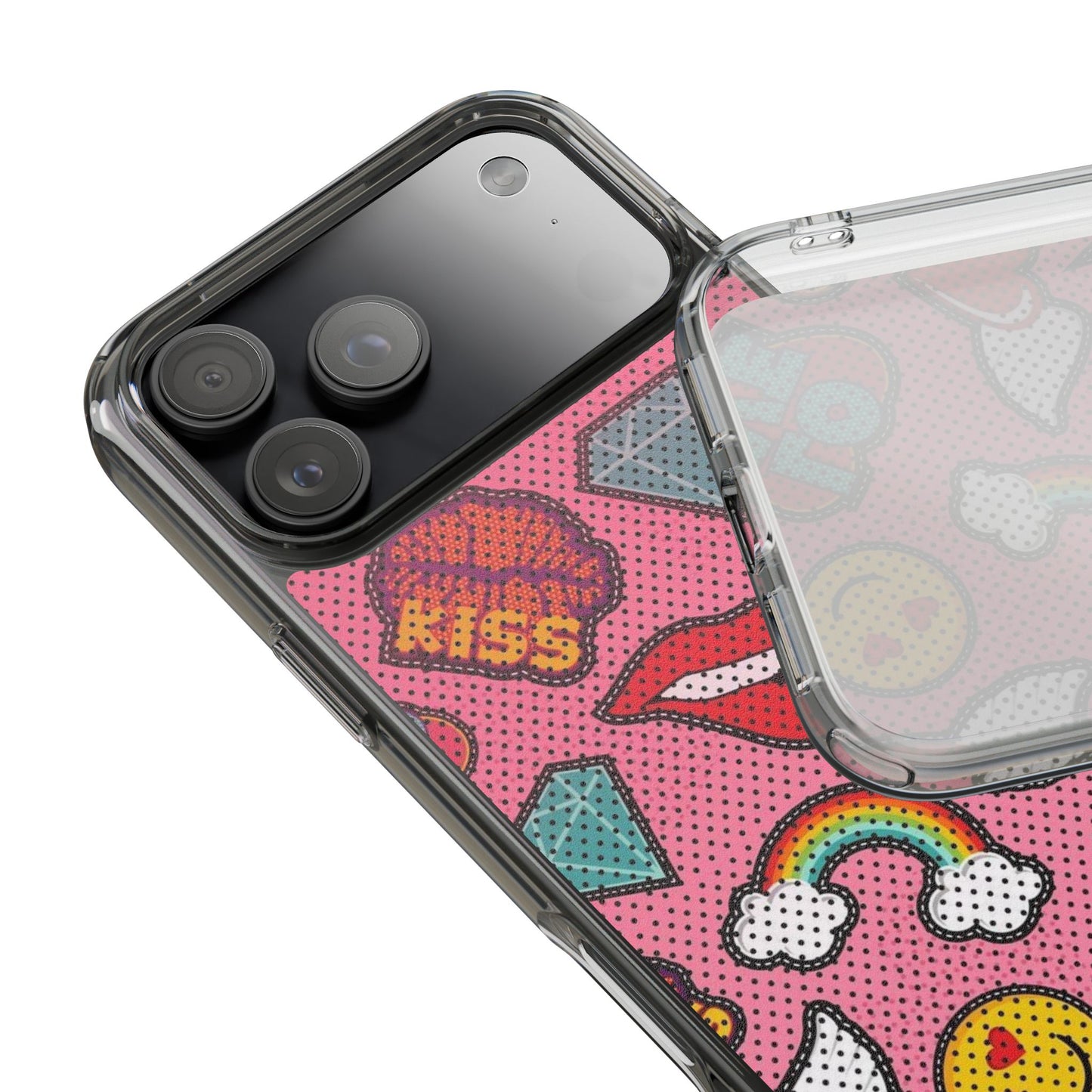 Clear Impact-Resistant Phone Case — Pink Pop Sticker Pattern (Hearts, Rainbows, Smileys)