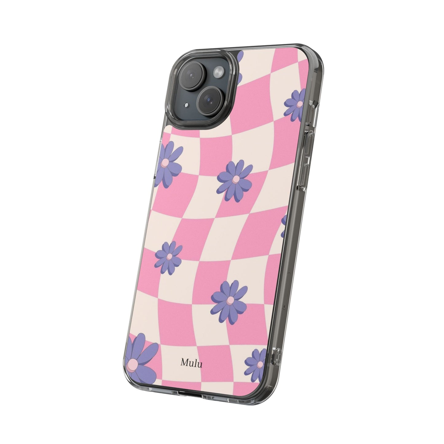 Clear Impact Phone Case — Pink Checkerboard with Purple Flowers