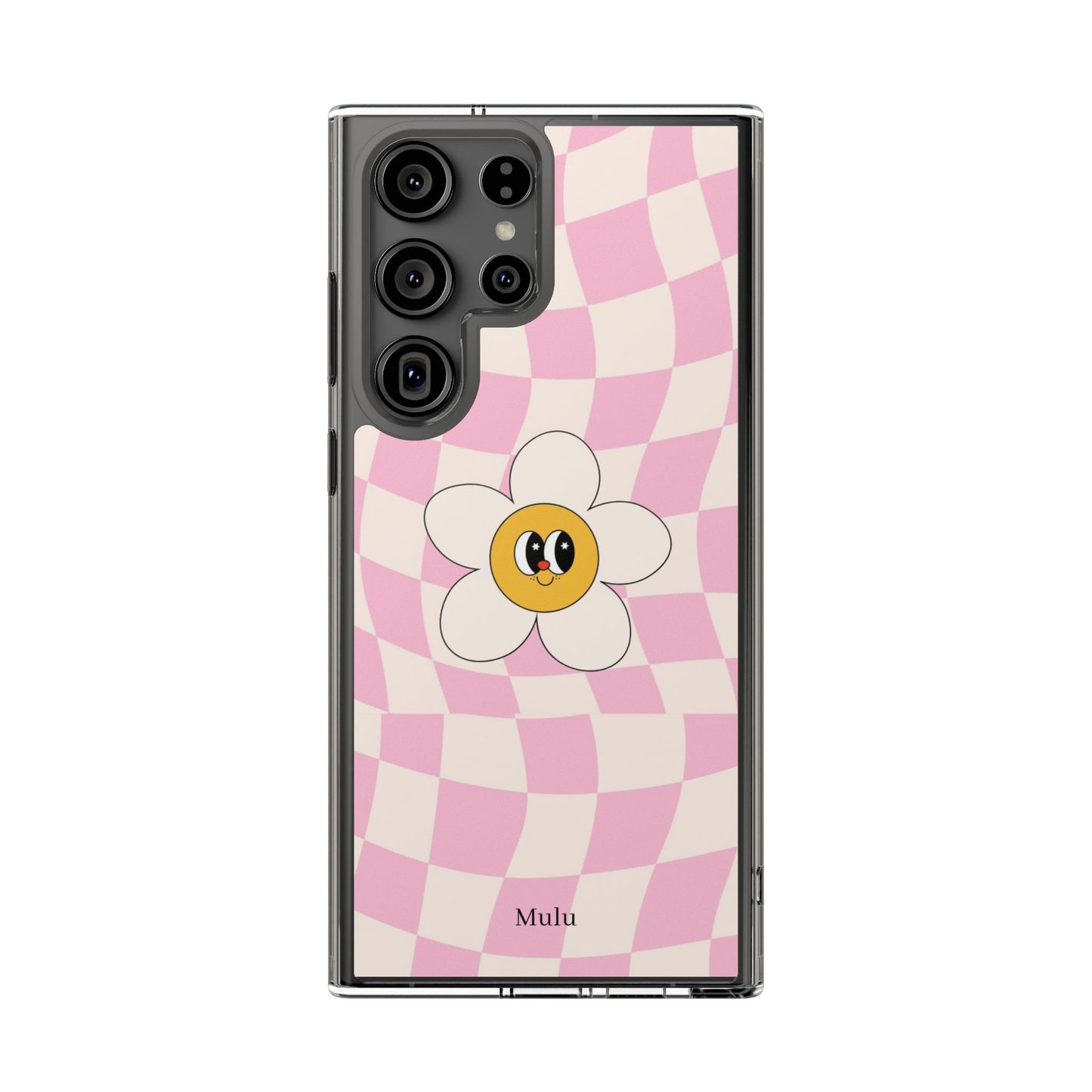 Clear Impact-Resistant Phone Case — Pink Checkerboard Daisy Design