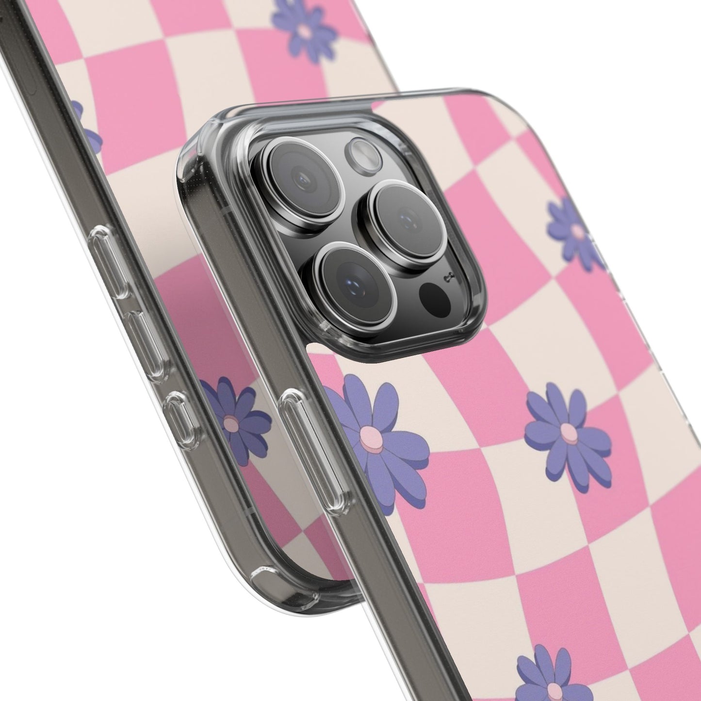 Clear Impact Phone Case — Pink Checkerboard with Purple Flowers