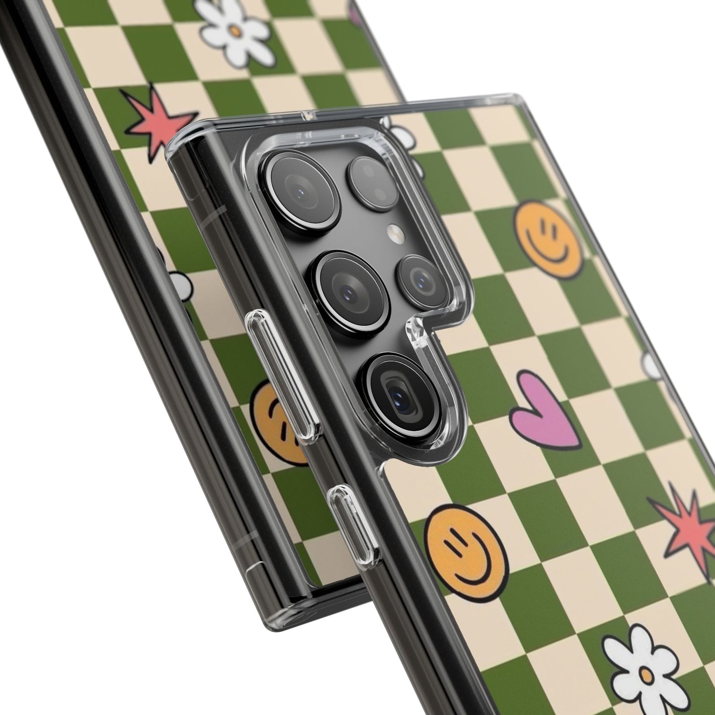 Clear Impact-Resistant Case — Retro Green Checkerboard with Smiley, Hearts & Flowers
