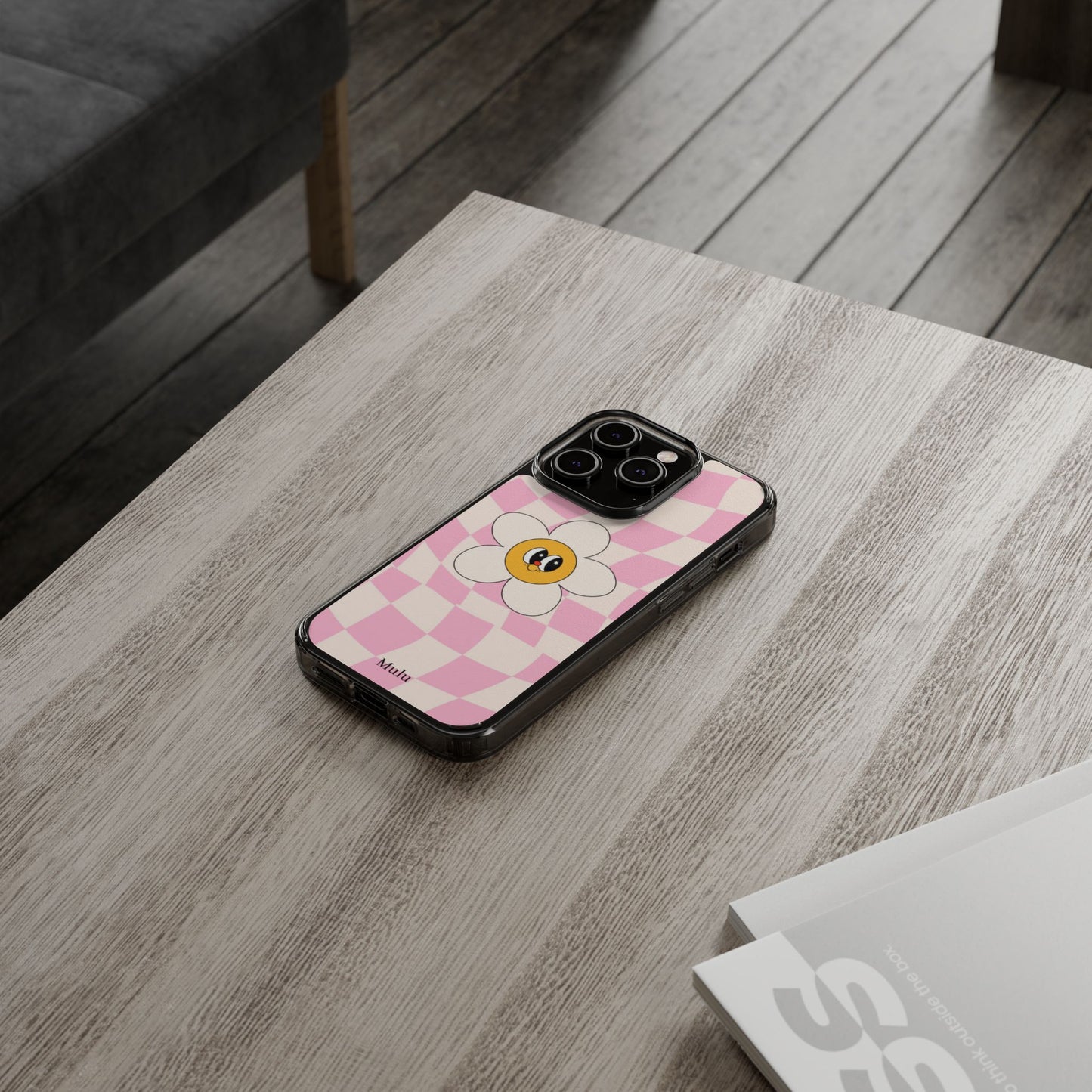 Clear Impact-Resistant Phone Case — Pink Checkerboard Daisy Design