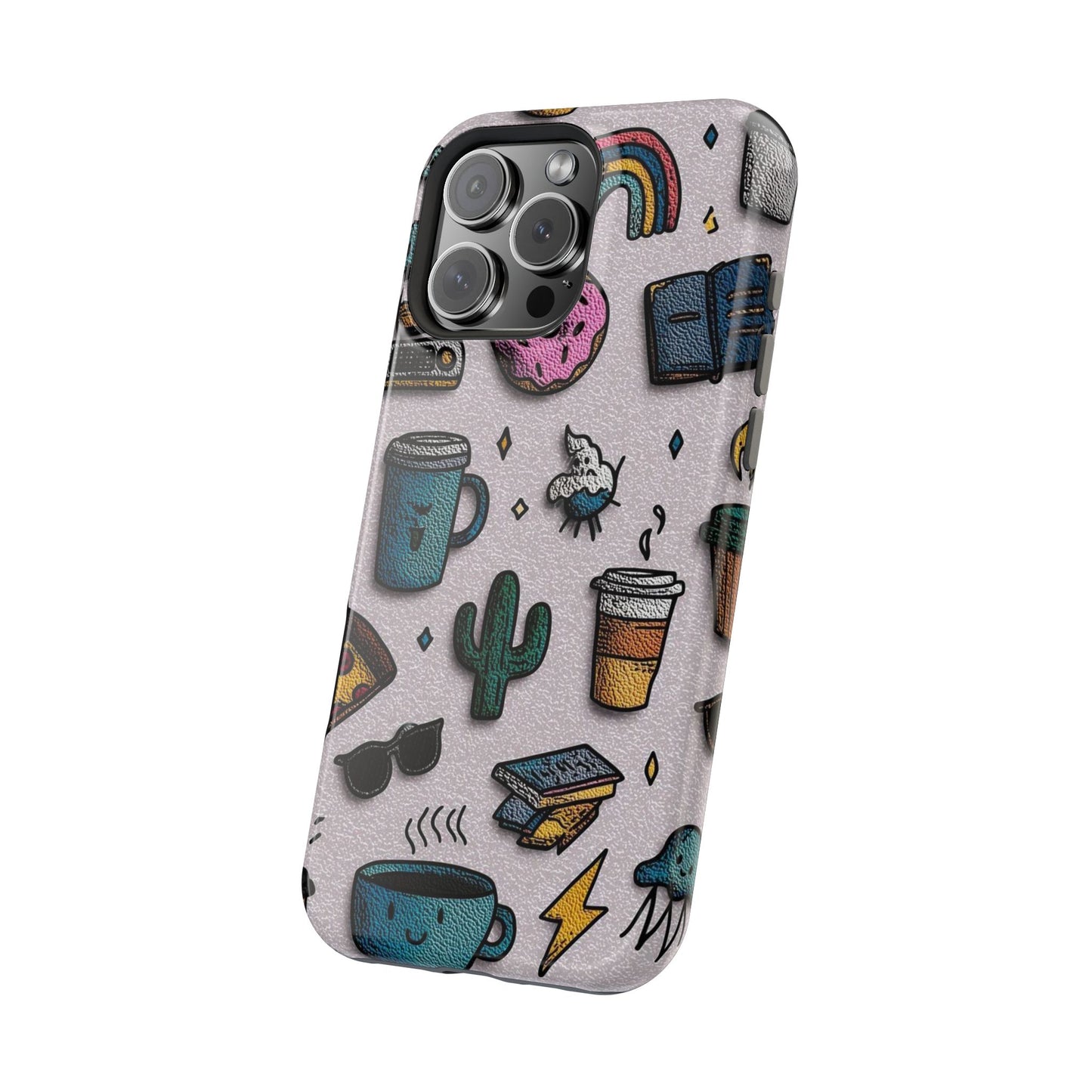Cute Doodle Phone Case — Magnetic Impact-Resistant Design (coffee, rainbow, cactus)