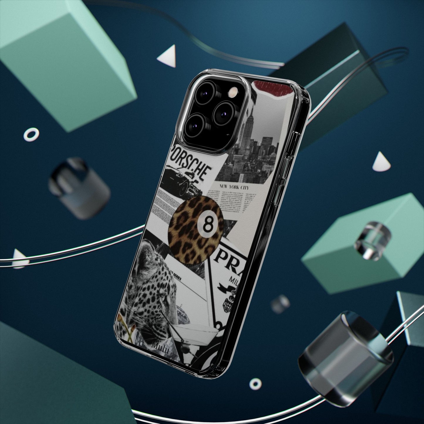 Clear Impact-Resistant Phone Case — Collage Luxury Leopard & Vintage Car Design