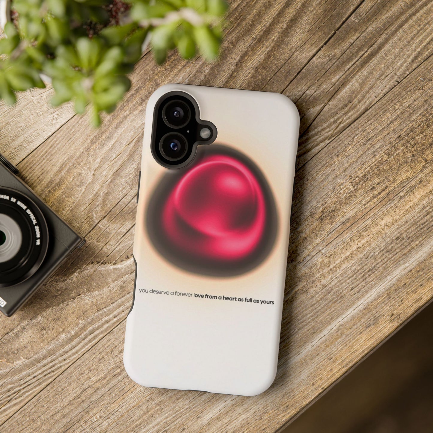Protective Phone Case — Red Pearl Heart Design with 'You deserve a forever love' Text