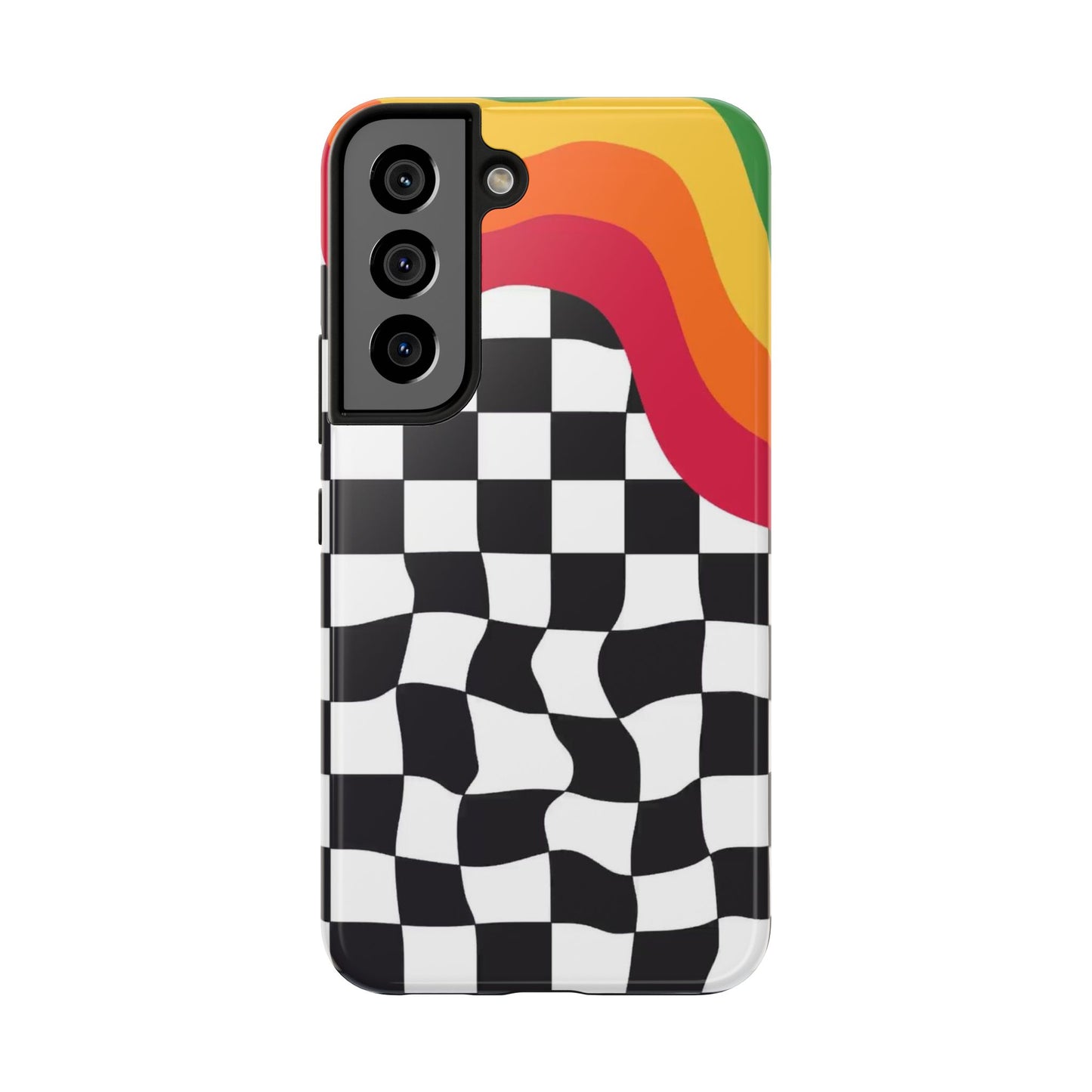 Retro Wavy Checkerboard Tough Phone Case — Rainbow Surf Skate Design