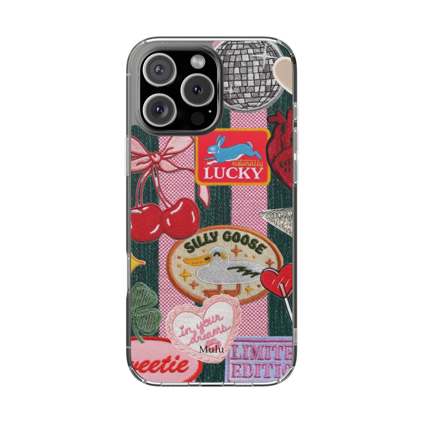 Clear Impact-Resistant Phone Case — Retro Patchwork Stickers (Lucky, Cherries, Silly Goose)