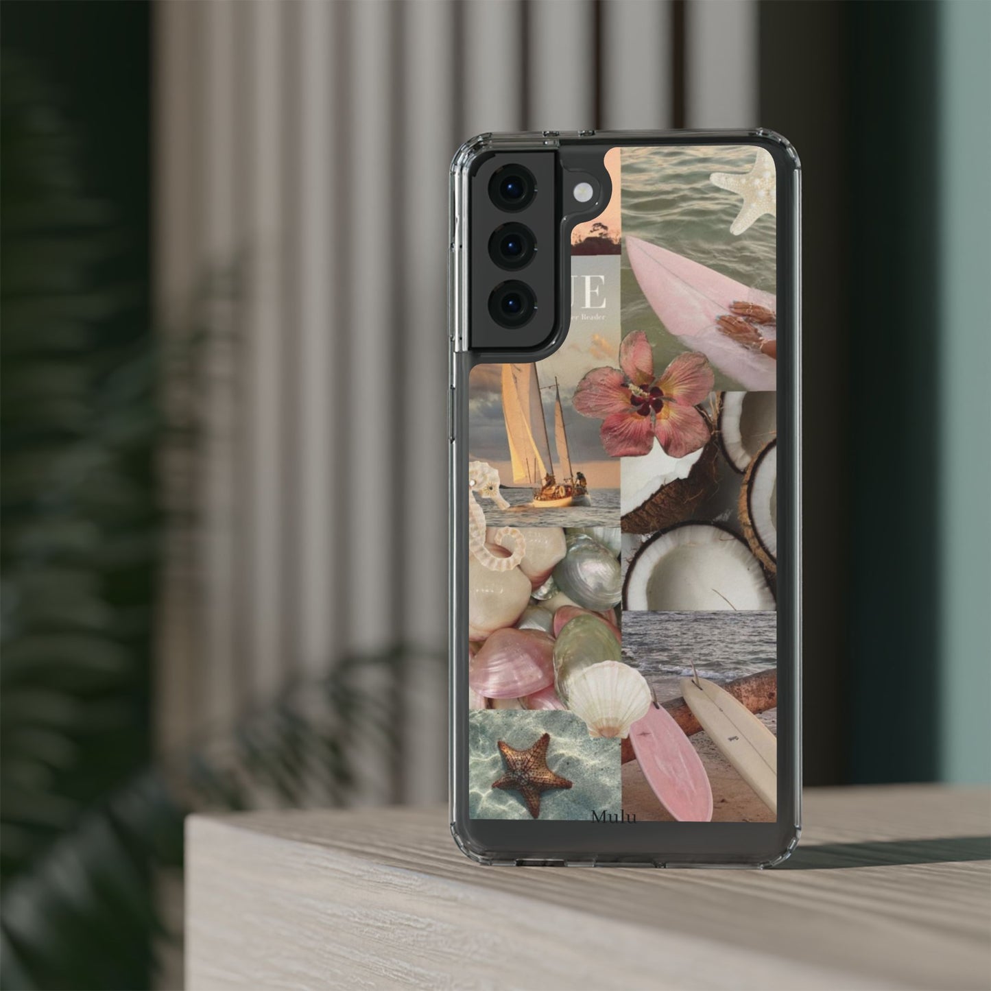 Clear Phone Case — Coastal Collage Shells & Surf Design