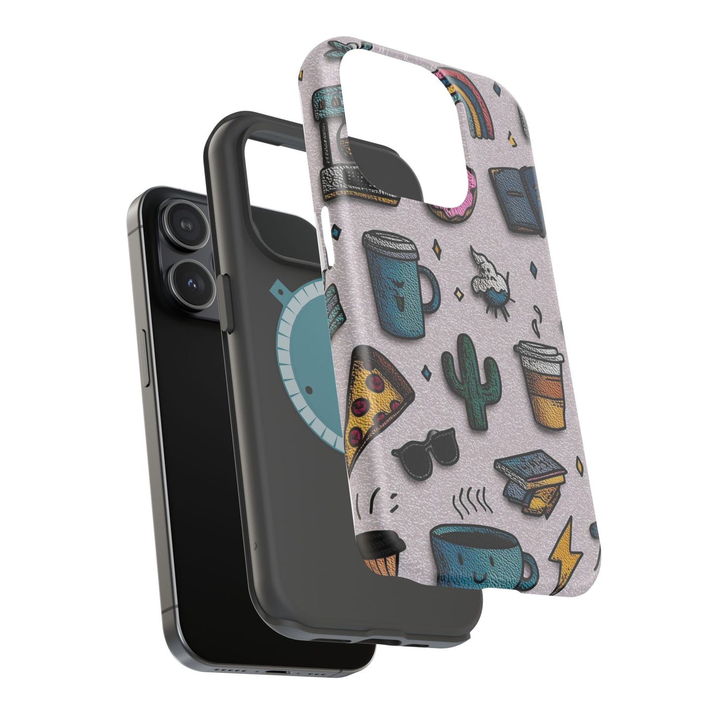 Cute Doodle Phone Case — Magnetic Impact-Resistant Design (coffee, rainbow, cactus)