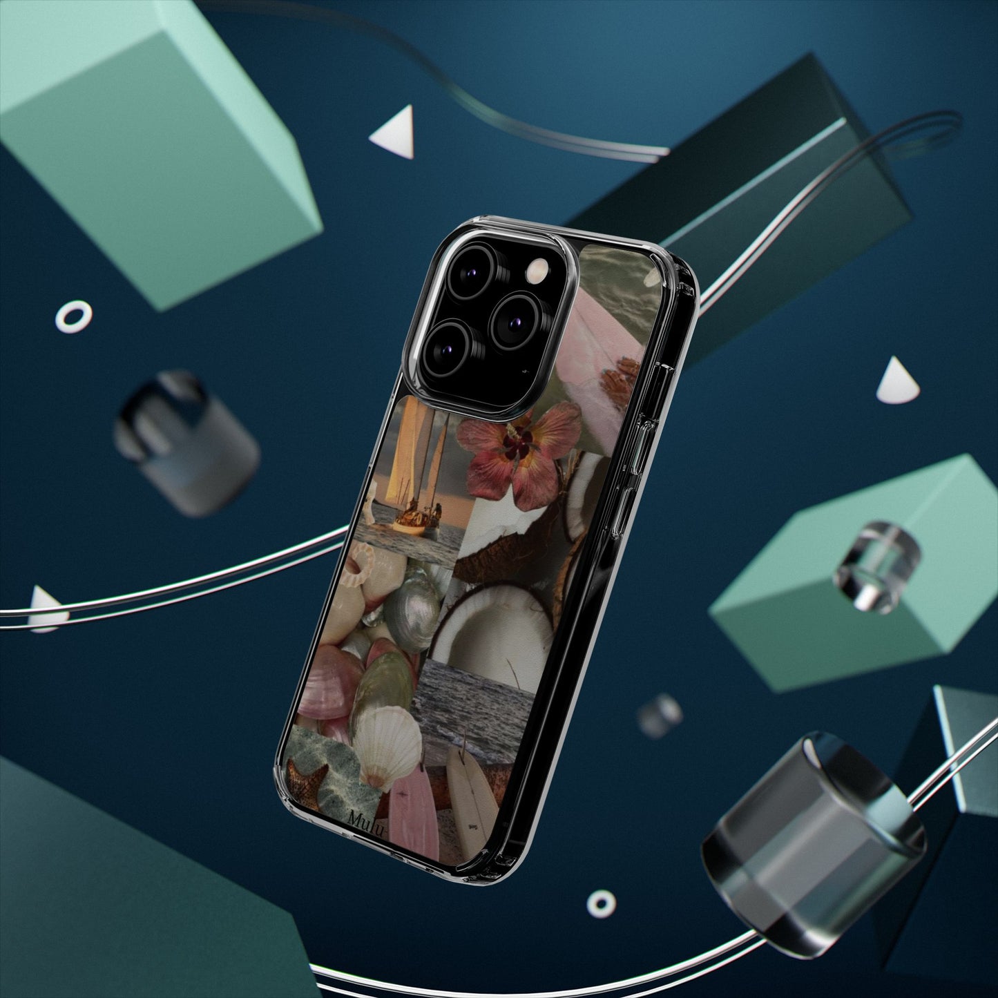 Clear Phone Case — Coastal Collage Shells & Surf Design