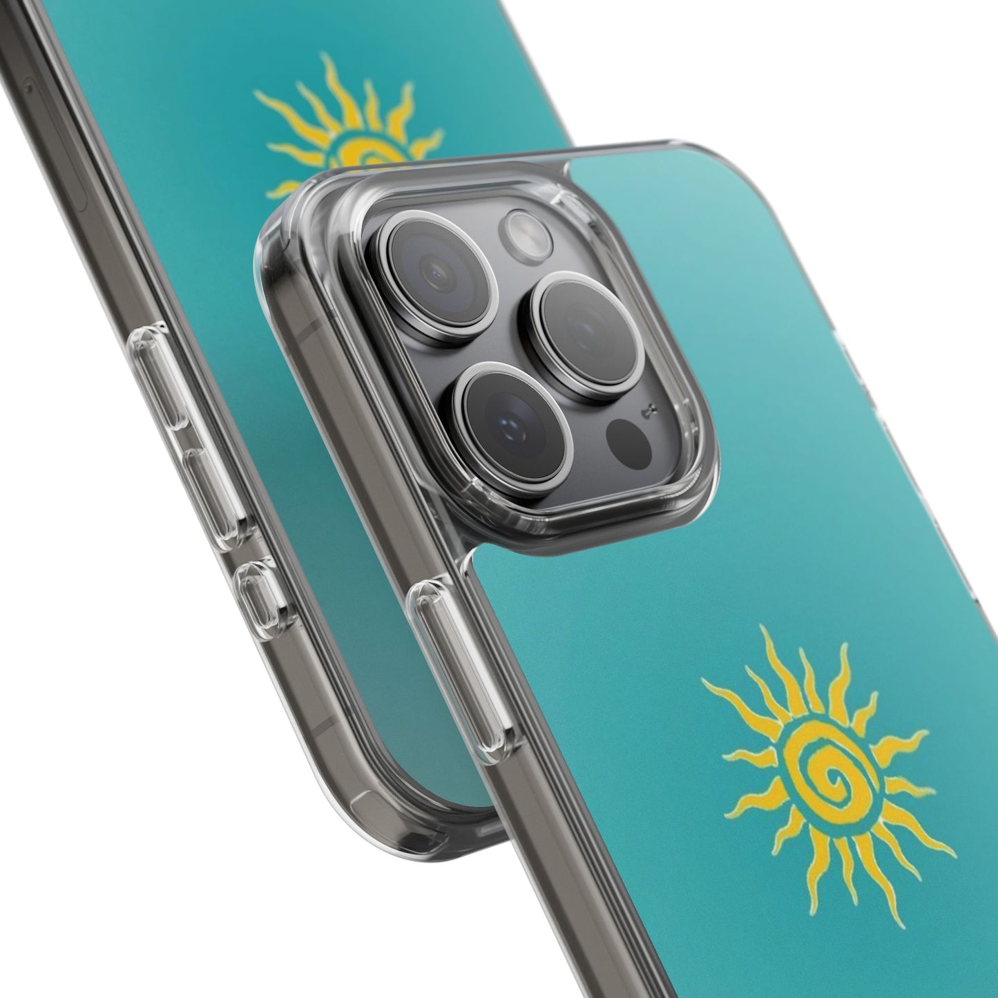Clear Impact-Resistant Phone Case — Yellow Sun on Teal Gradient