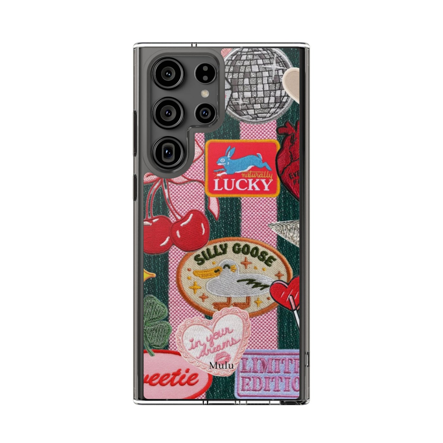 Clear Impact-Resistant Phone Case — Retro Patchwork Stickers (Lucky, Cherries, Silly Goose)