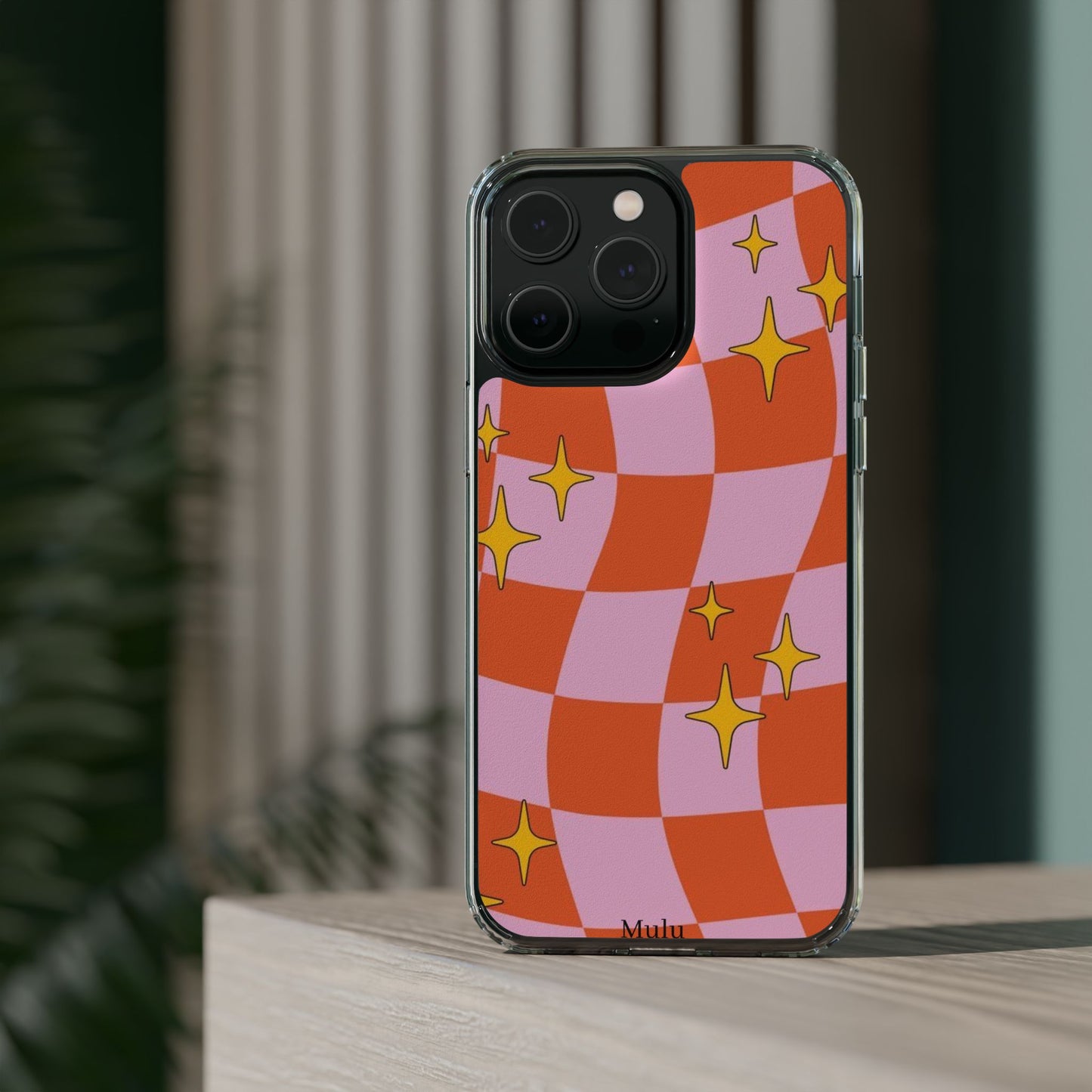 Clear Impact-Resistant Case — Retro Pink & Orange Checker with Sparkle Stars