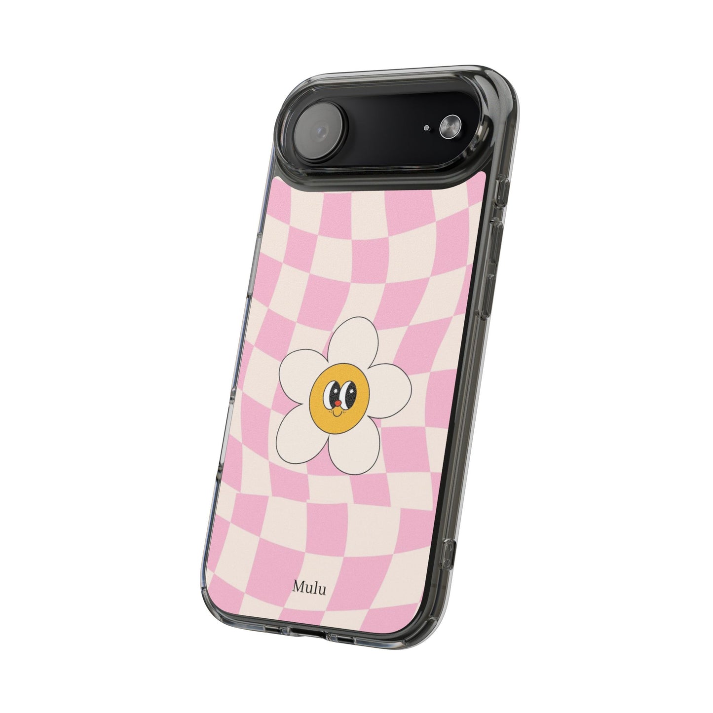 Clear Impact-Resistant Phone Case — Pink Checkerboard Daisy Design