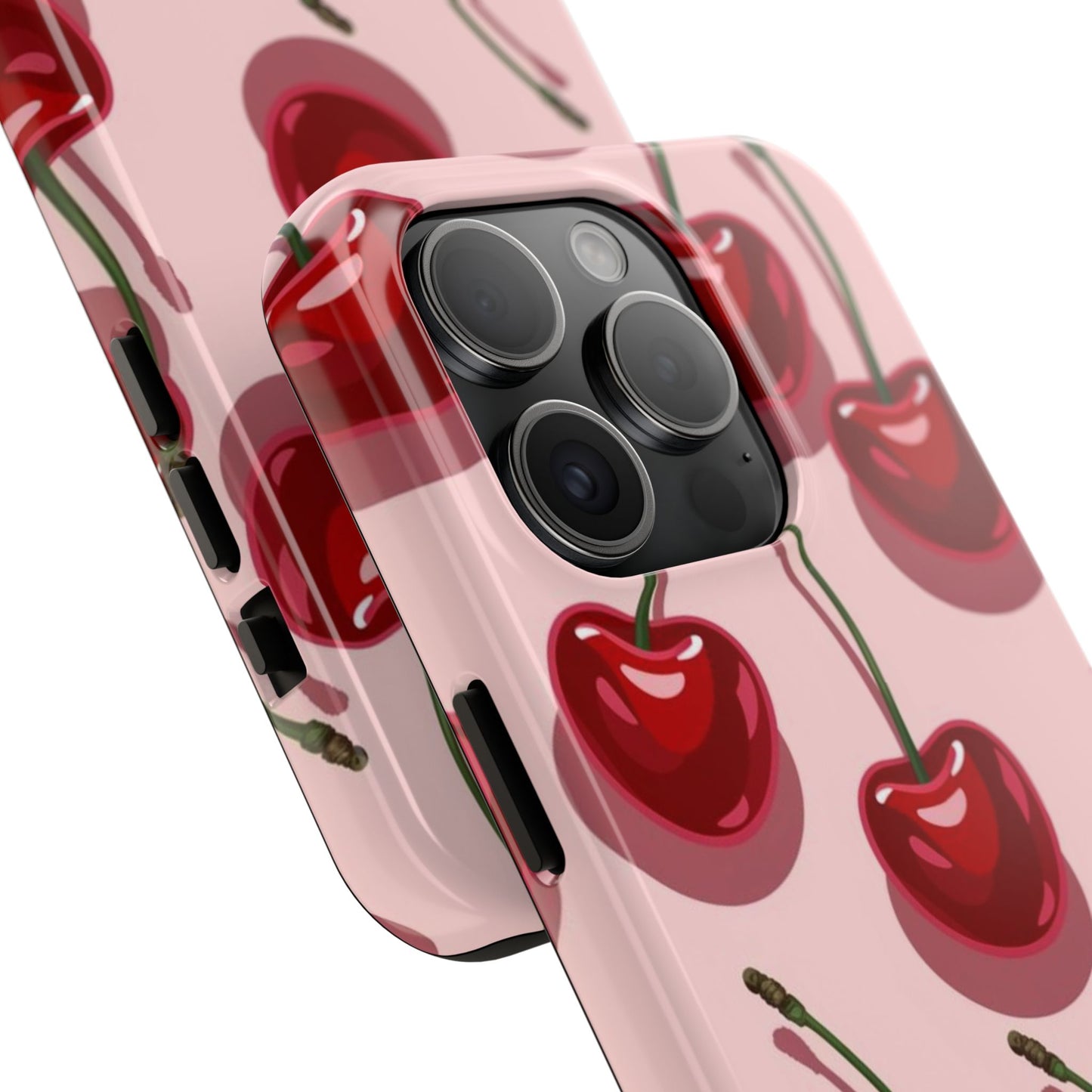 Cherry Pattern Tough Phone Case — Retro Pink Cherry Print Protective Phone Case
