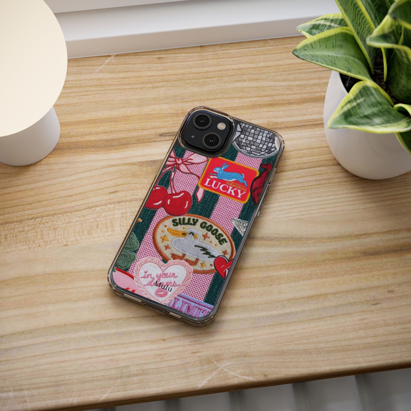 Clear Impact-Resistant Phone Case — Retro Patchwork Stickers (Lucky, Cherries, Silly Goose)