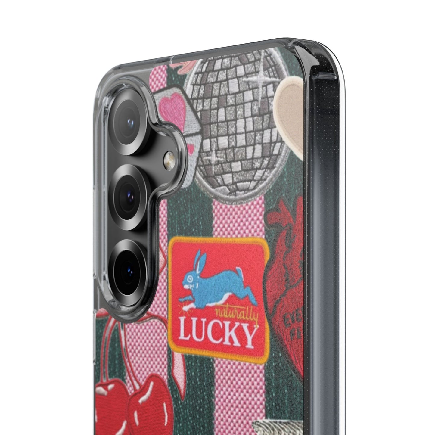 Clear Impact-Resistant Phone Case — Retro Patchwork Stickers (Lucky, Cherries, Silly Goose)