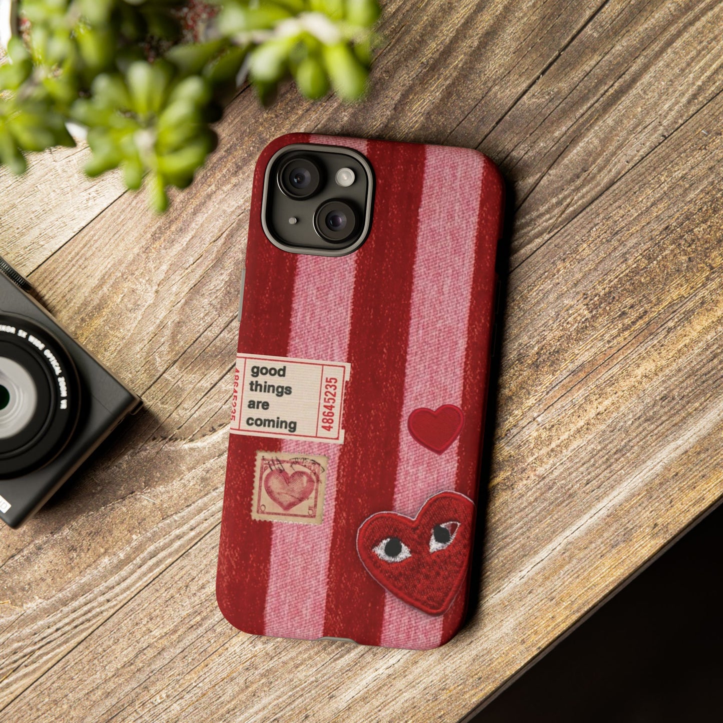 Phone Case — Red Striped Heart Design with “Good Things Are Coming”