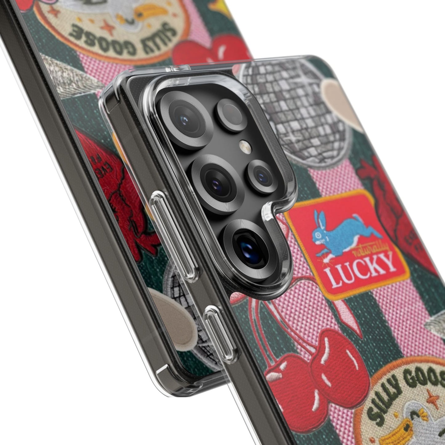 Clear Impact-Resistant Phone Case — Retro Patchwork Stickers (Lucky, Cherries, Silly Goose)