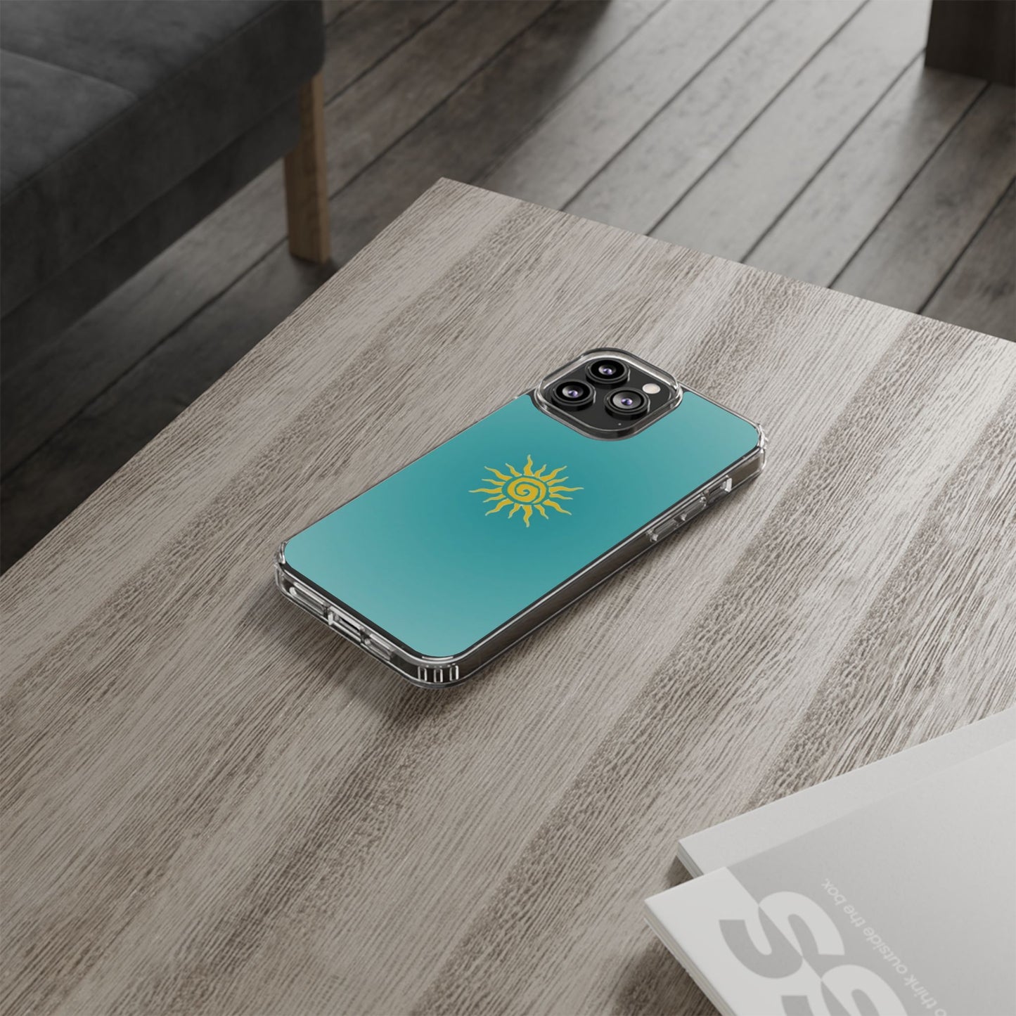 Clear Impact-Resistant Phone Case — Yellow Sun on Teal Gradient