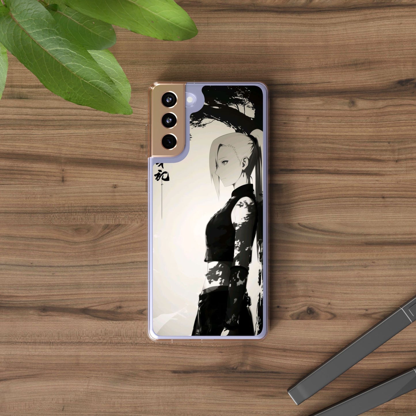 Anime Samurai Clear Phone Case — Monochrome Sumi-E Style