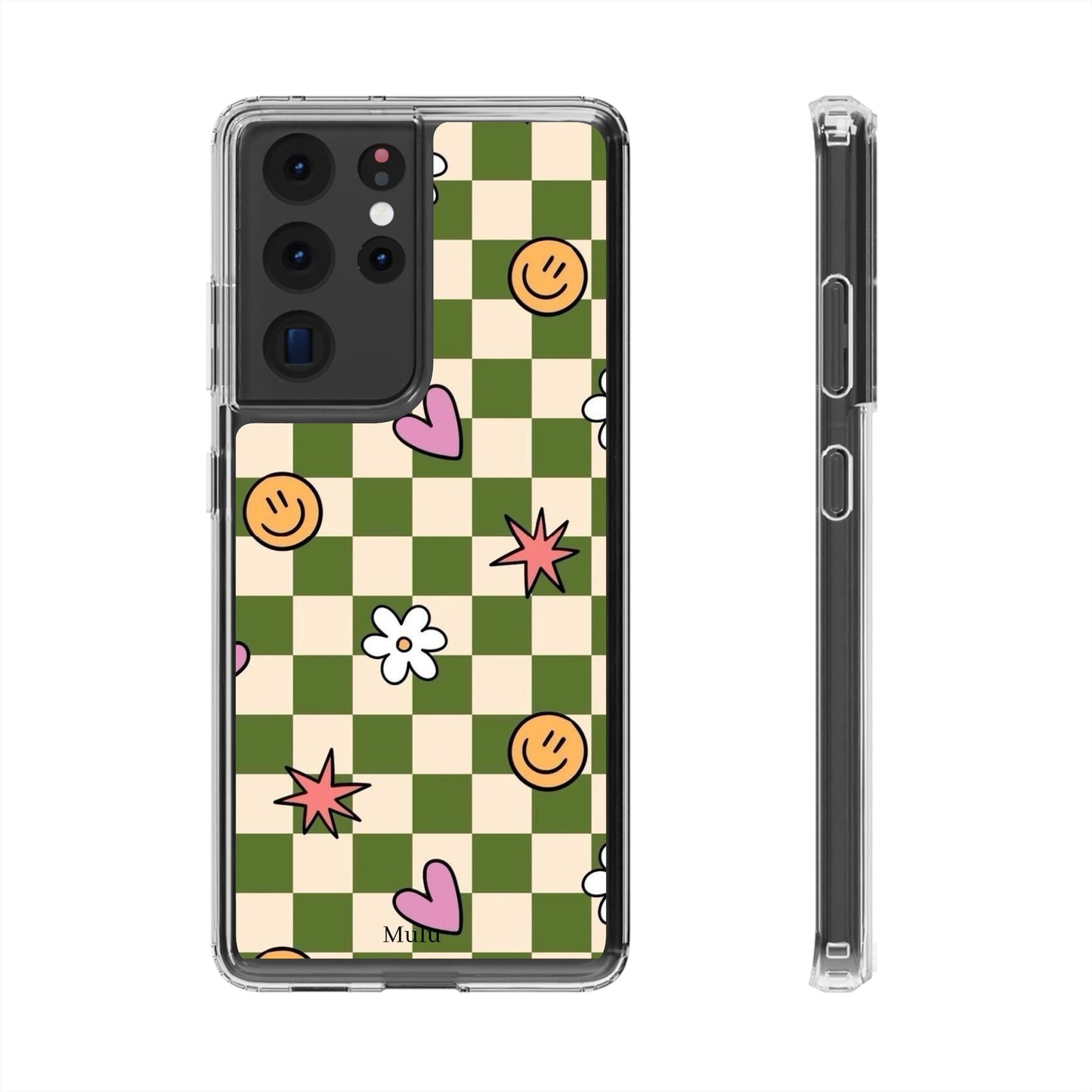 Clear Impact-Resistant Case — Retro Green Checkerboard with Smiley, Hearts & Flowers