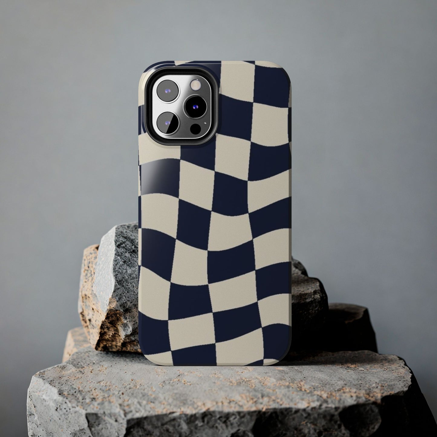 Wavy Checkerboard Tough Phone Case — Navy & Cream Protective Cover