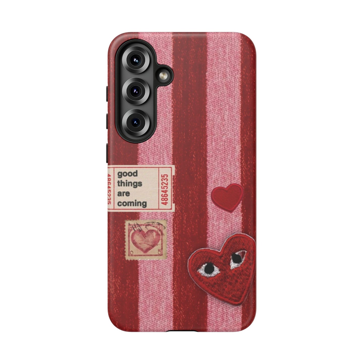 Phone Case — Red Striped Heart Design with “Good Things Are Coming”