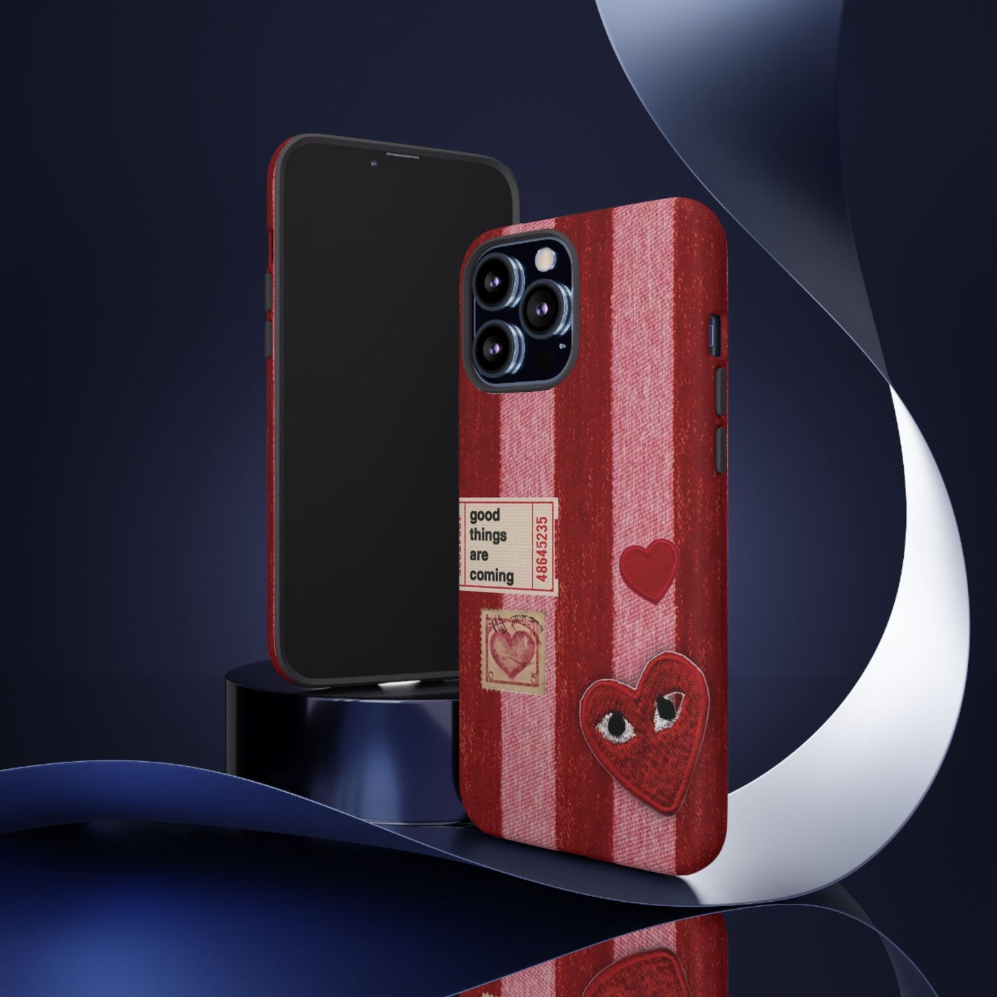 Phone Case — Red Striped Heart Design with “Good Things Are Coming”