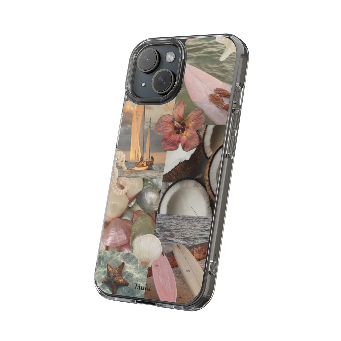 Clear Phone Case — Coastal Collage Shells & Surf Design