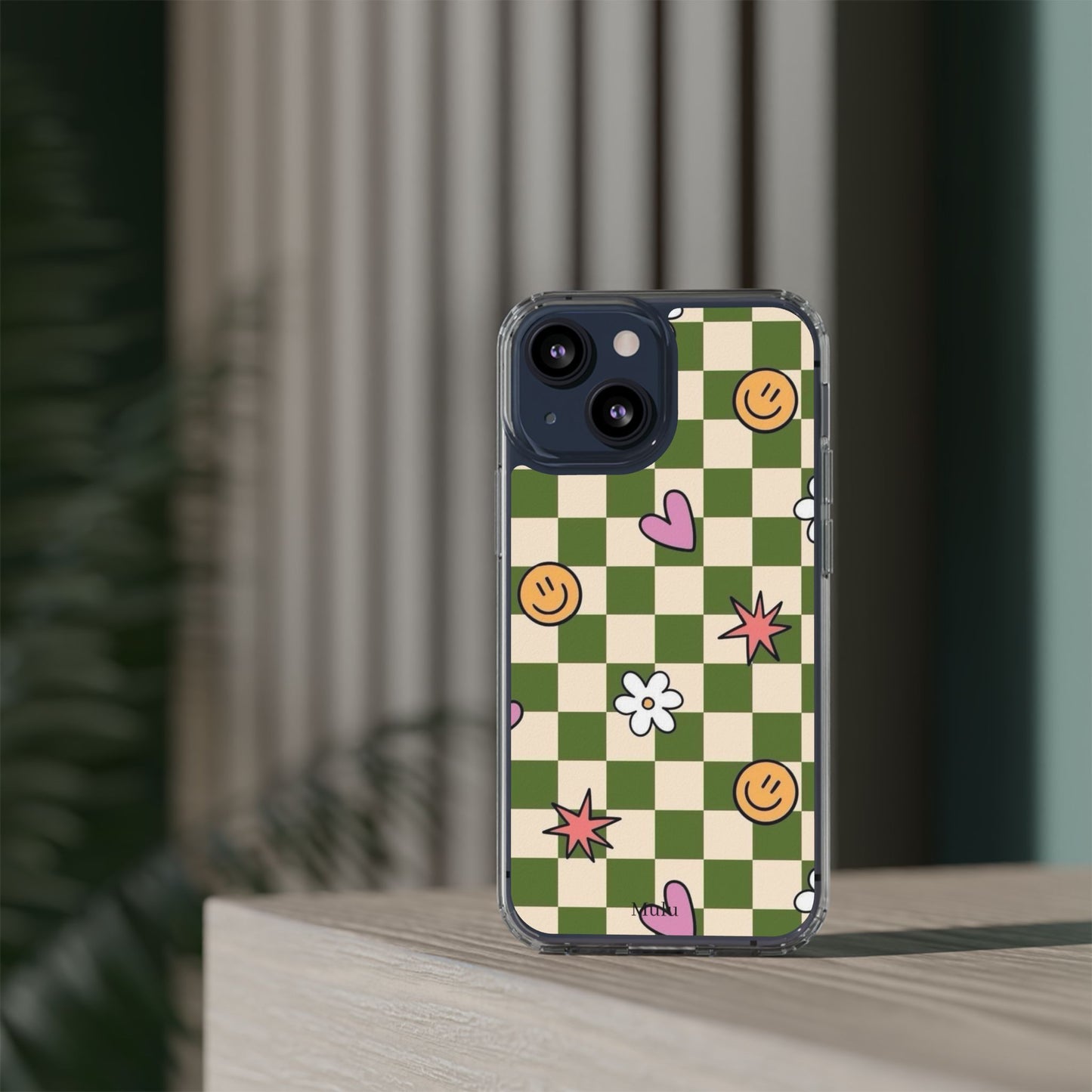 Clear Impact-Resistant Case — Retro Green Checkerboard with Smiley, Hearts & Flowers