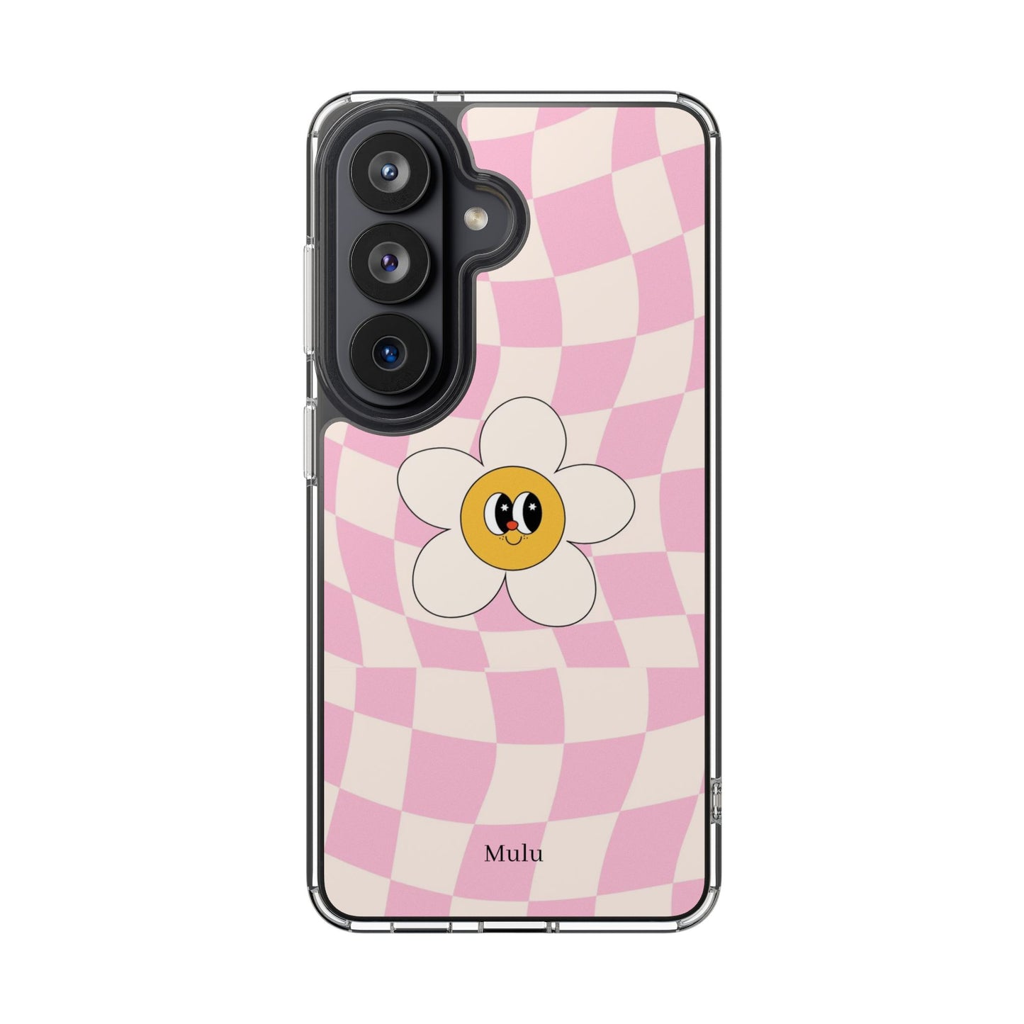 Clear Impact-Resistant Phone Case — Pink Checkerboard Daisy Design