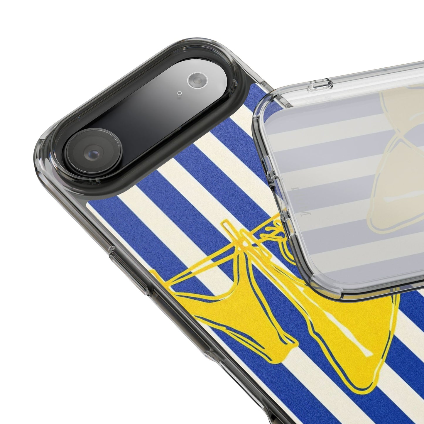 Striped Beach Bikini Phone Case — Yellow Swimwear on Blue & White Stripes, Clear Impact-Resistant