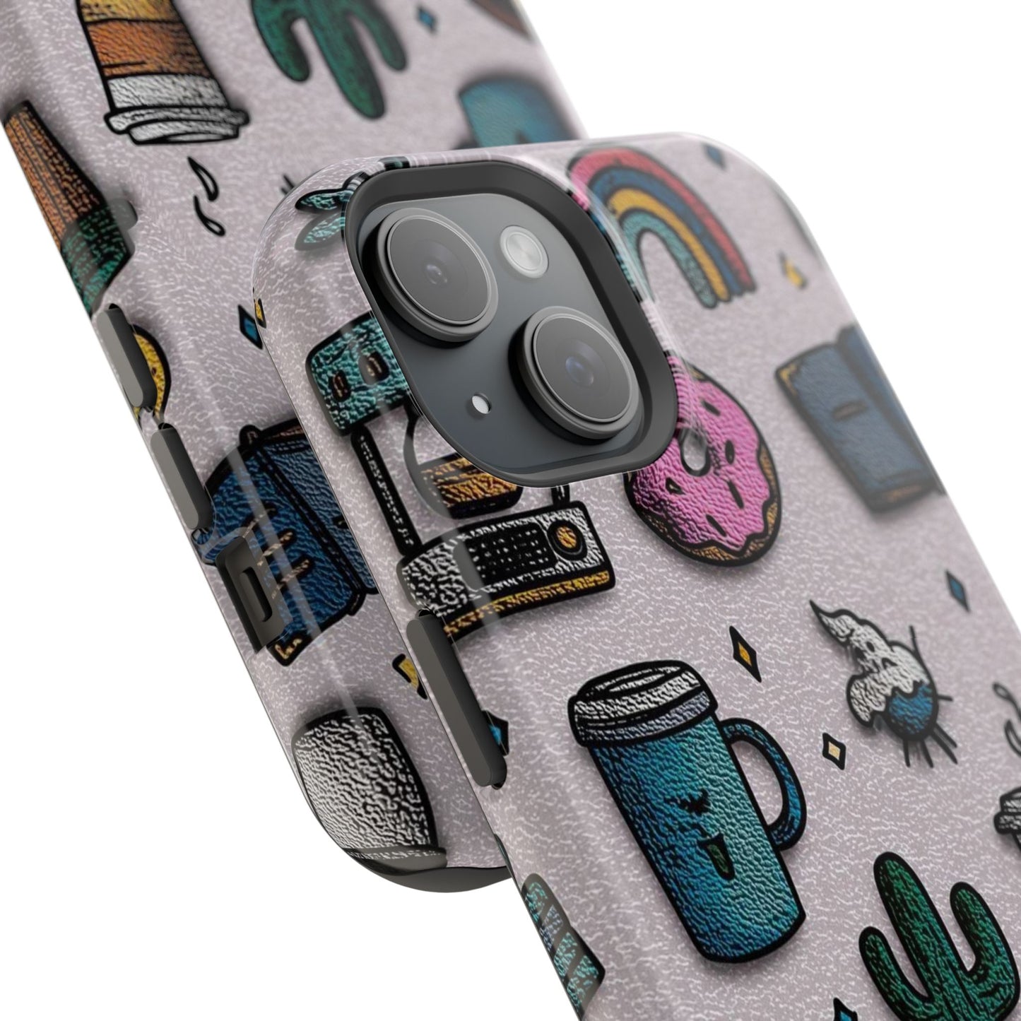 Cute Doodle Phone Case — Magnetic Impact-Resistant Design (coffee, rainbow, cactus)
