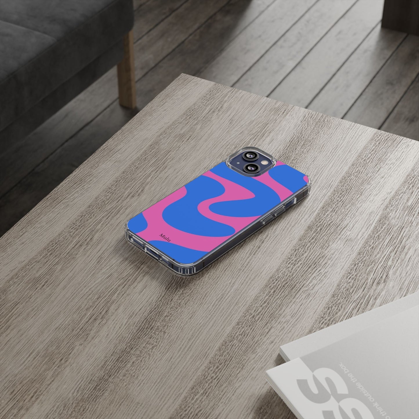 Clear Impact-Resistant Phone Case — Retro Blue & Pink Abstract Swirl