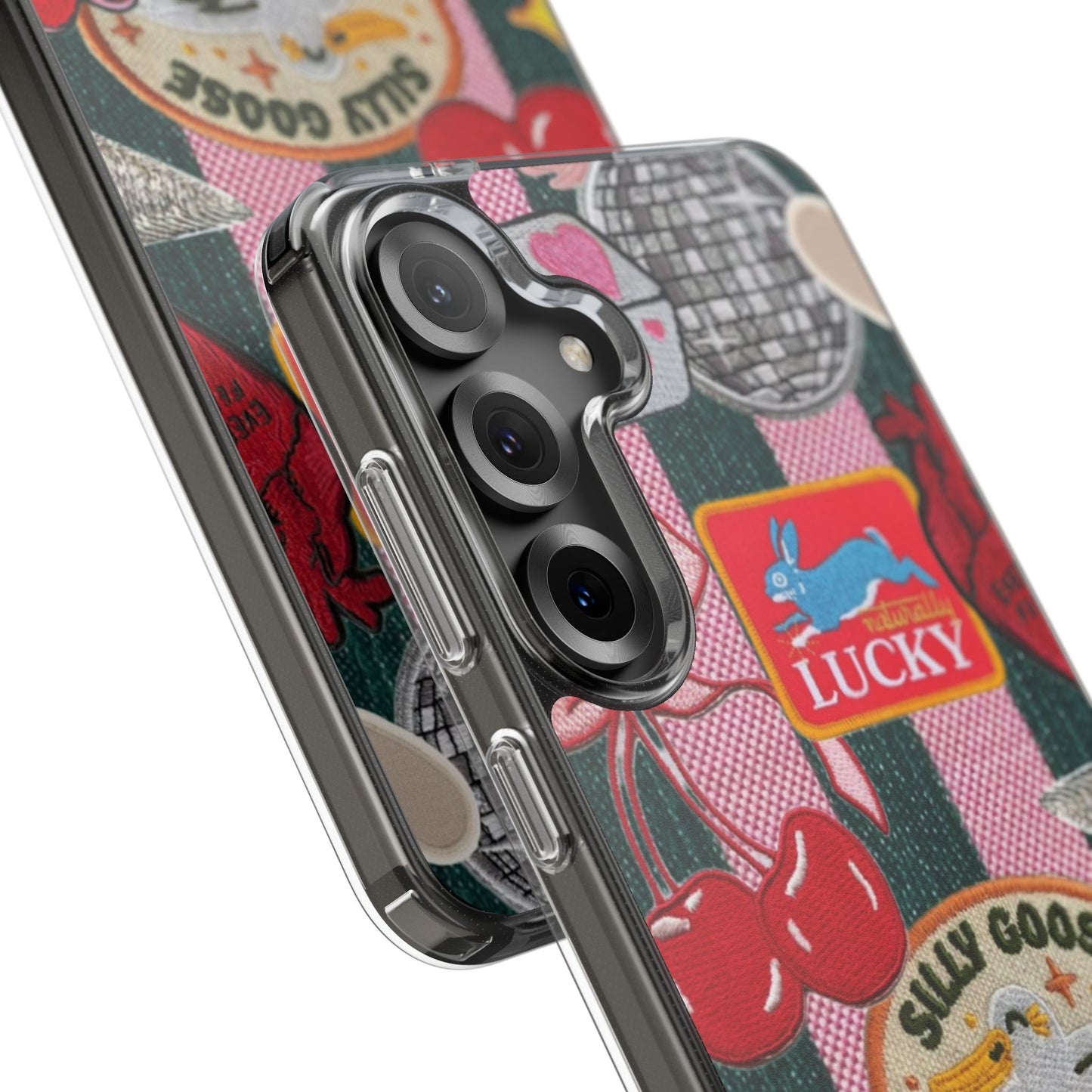 Clear Impact-Resistant Phone Case — Retro Patchwork Stickers (Lucky, Cherries, Silly Goose)