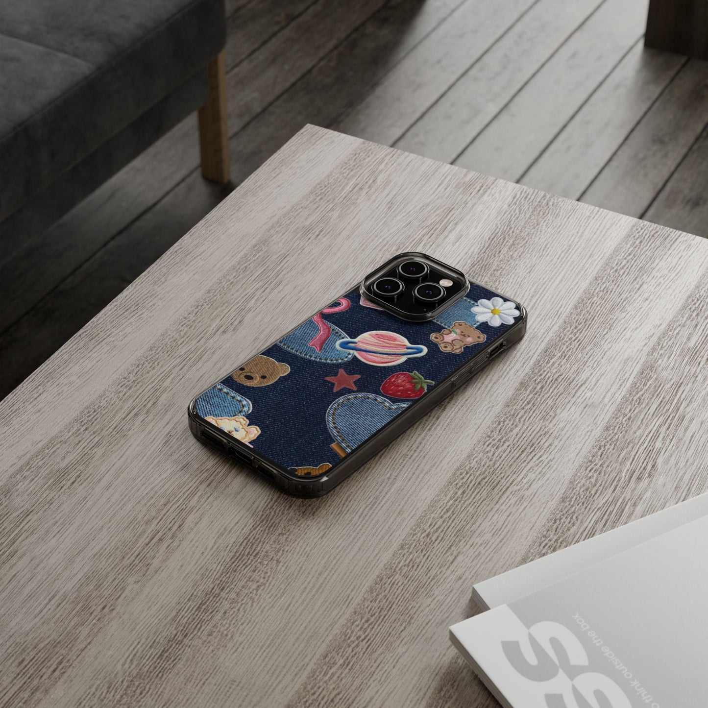 Clear Impact-Resistant Phone Case — Cute Denim Patch Collage (Teddy, Strawberry, Planet)
