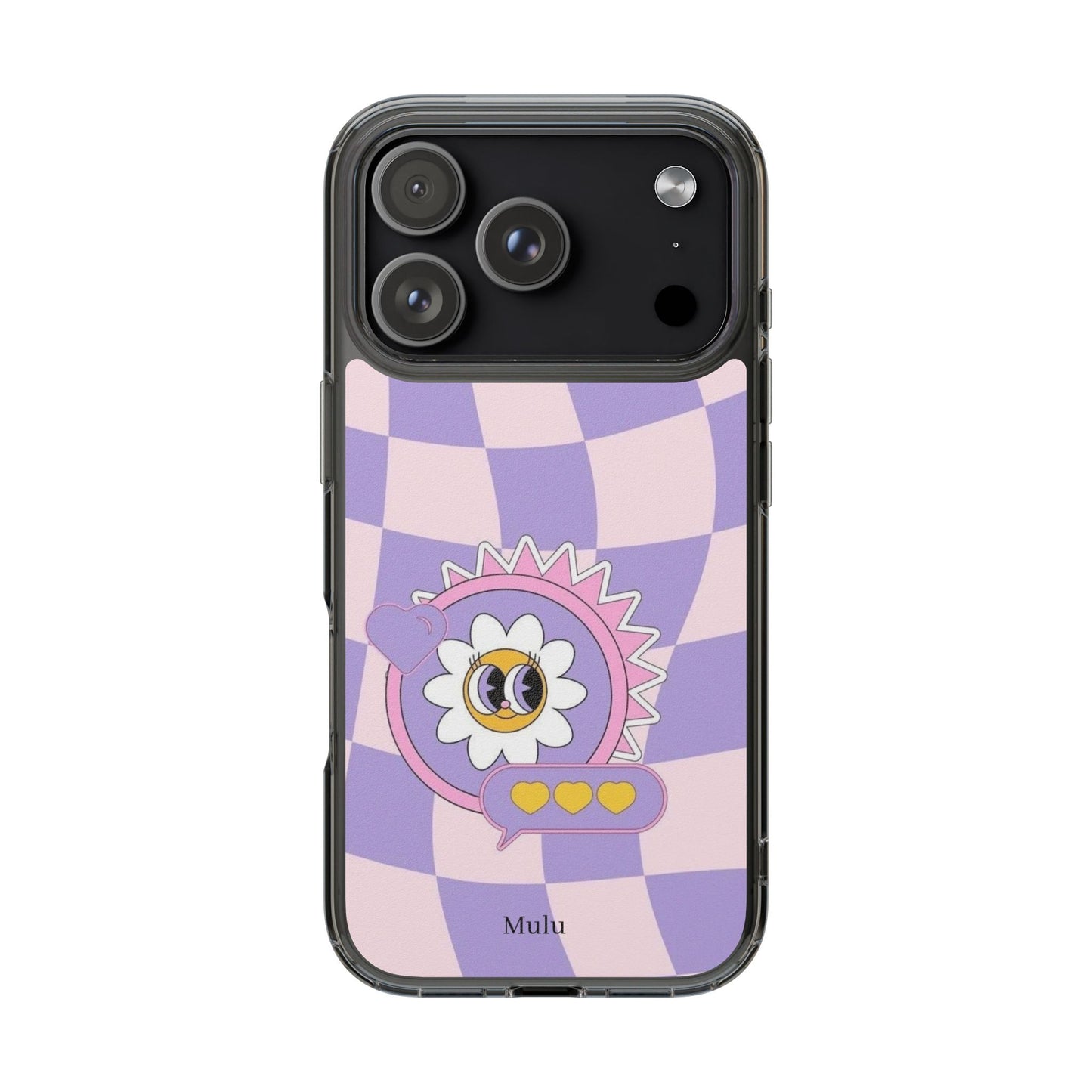 Clear Impact-Resistant Case — Cute Purple Checkerboard Dino with 'Mulu'