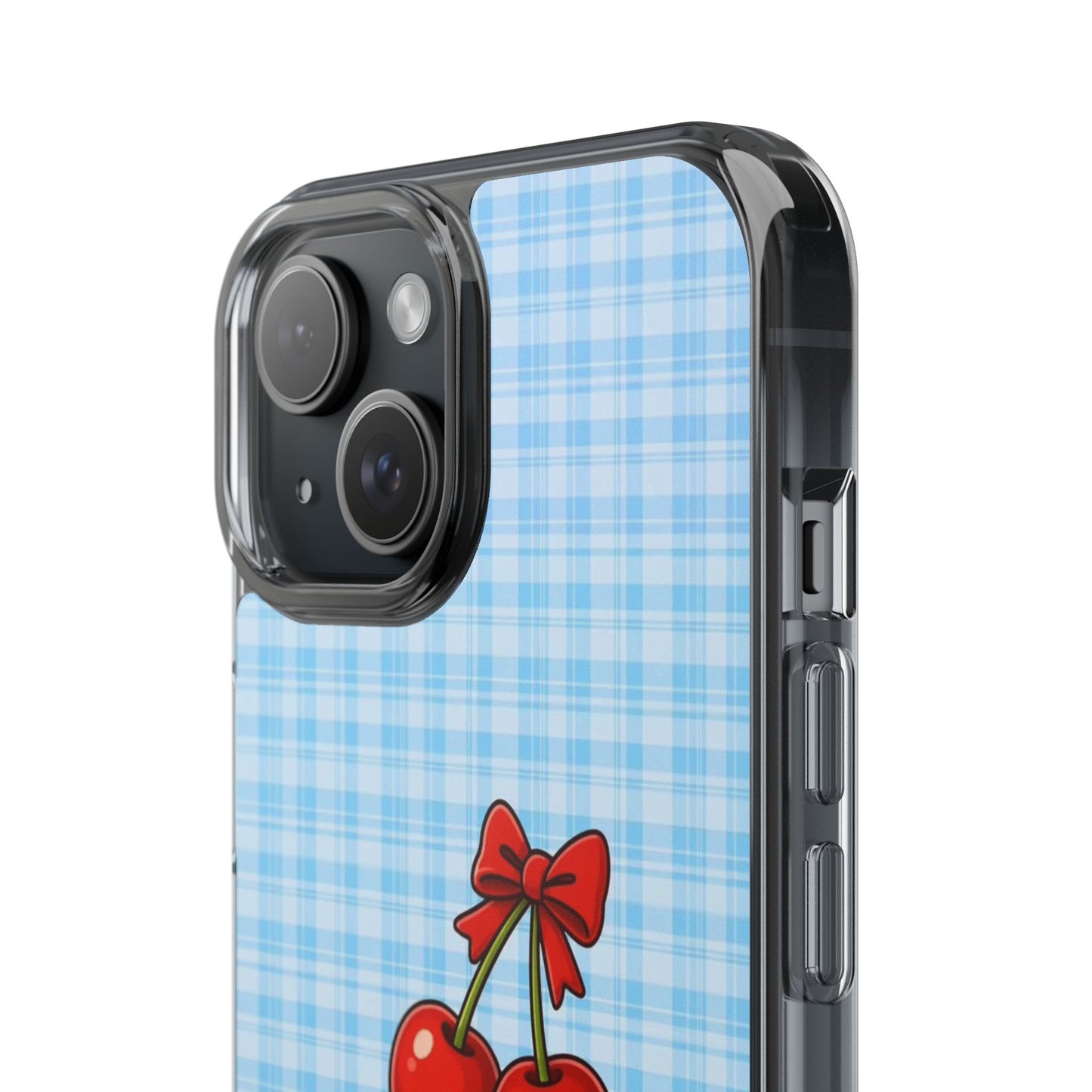 Clear Cherry Gingham Phone Case — Impact-Resistant Clear Case with Red Cherry Design