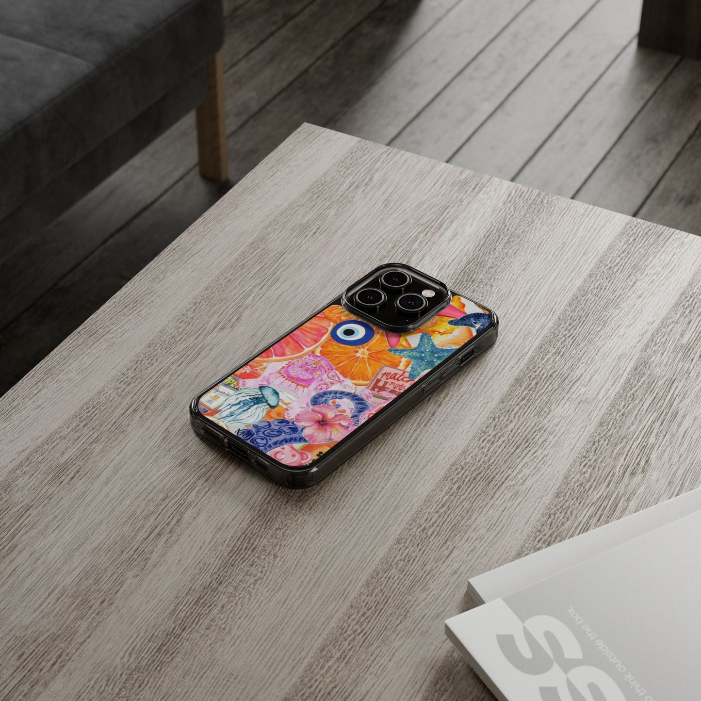 Clear Impact-Resistant Phone Case — Colorful Tropical Collage Design