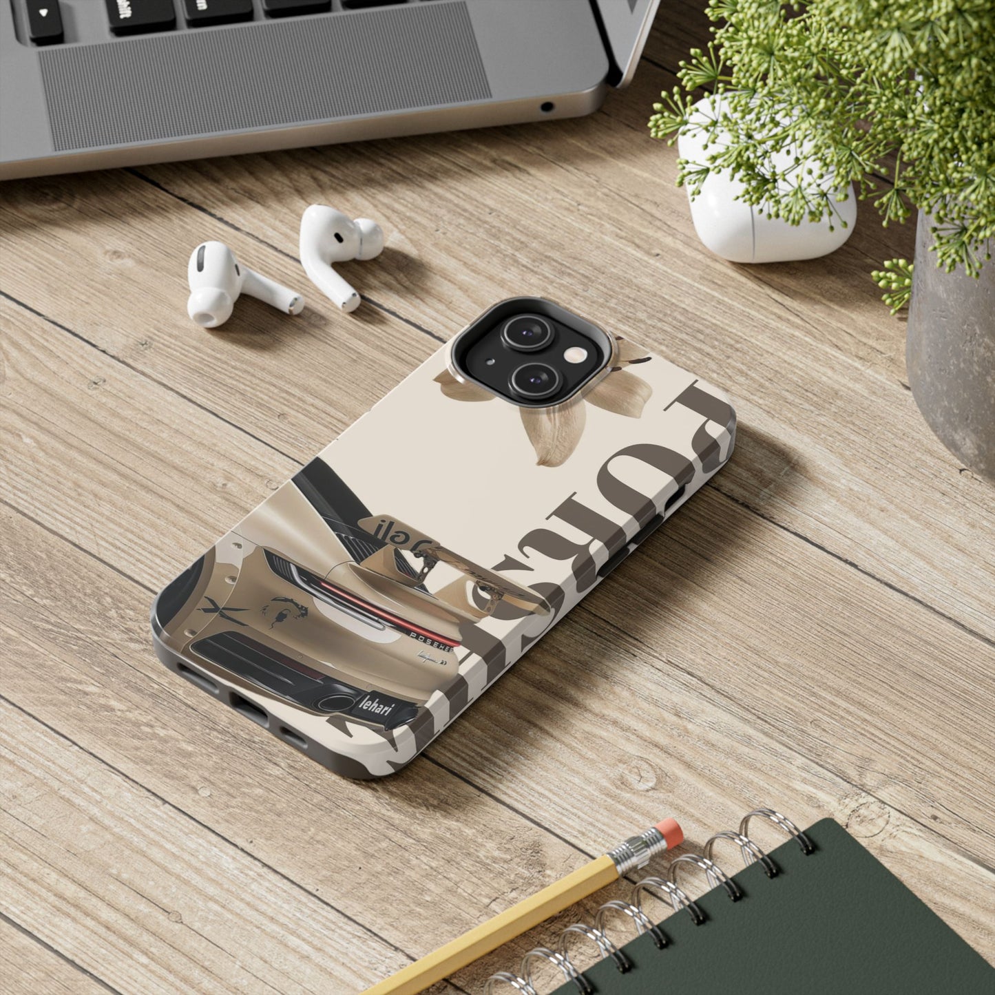 Tough Phone Case — Beige Sports Car Design with 'Tourist' Typography