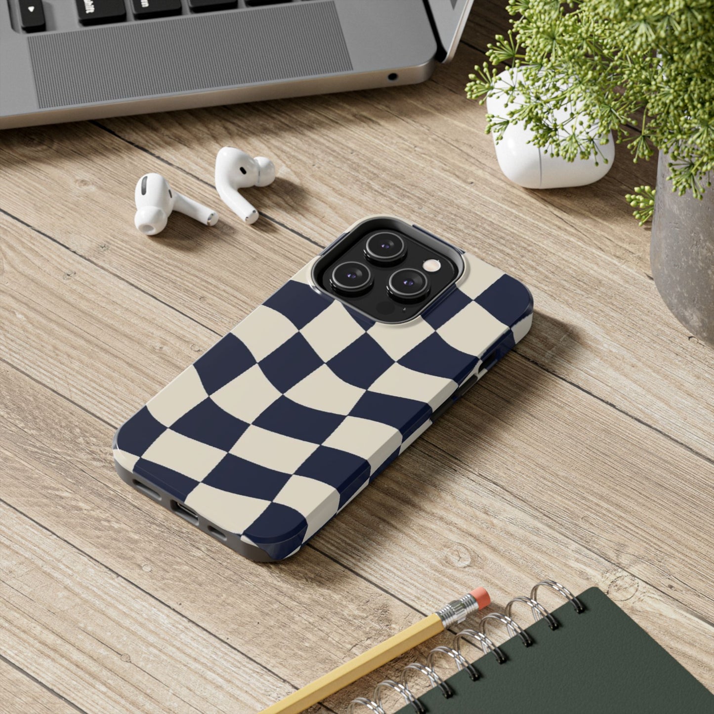 Wavy Checkerboard Tough Phone Case — Navy & Cream Protective Cover