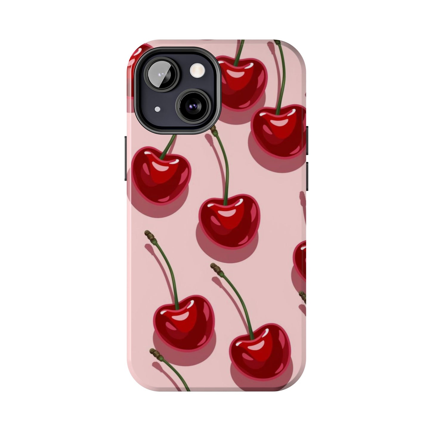 Cherry Pattern Tough Phone Case — Retro Pink Cherry Print Protective Phone Case