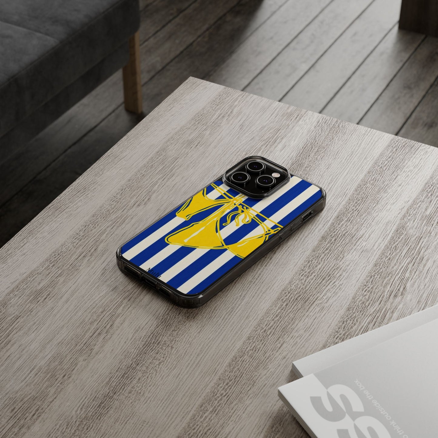 Striped Beach Bikini Phone Case — Yellow Swimwear on Blue & White Stripes, Clear Impact-Resistant