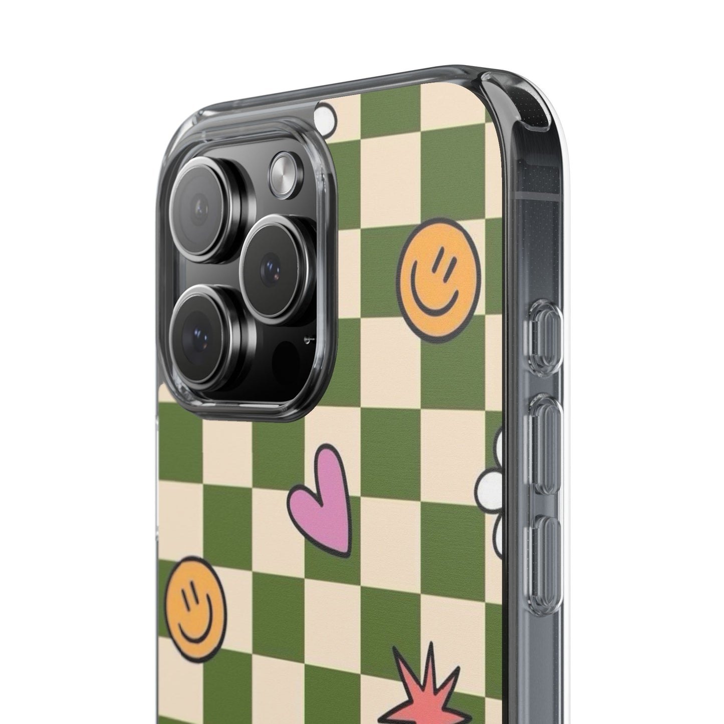 Clear Impact-Resistant Case — Retro Green Checkerboard with Smiley, Hearts & Flowers