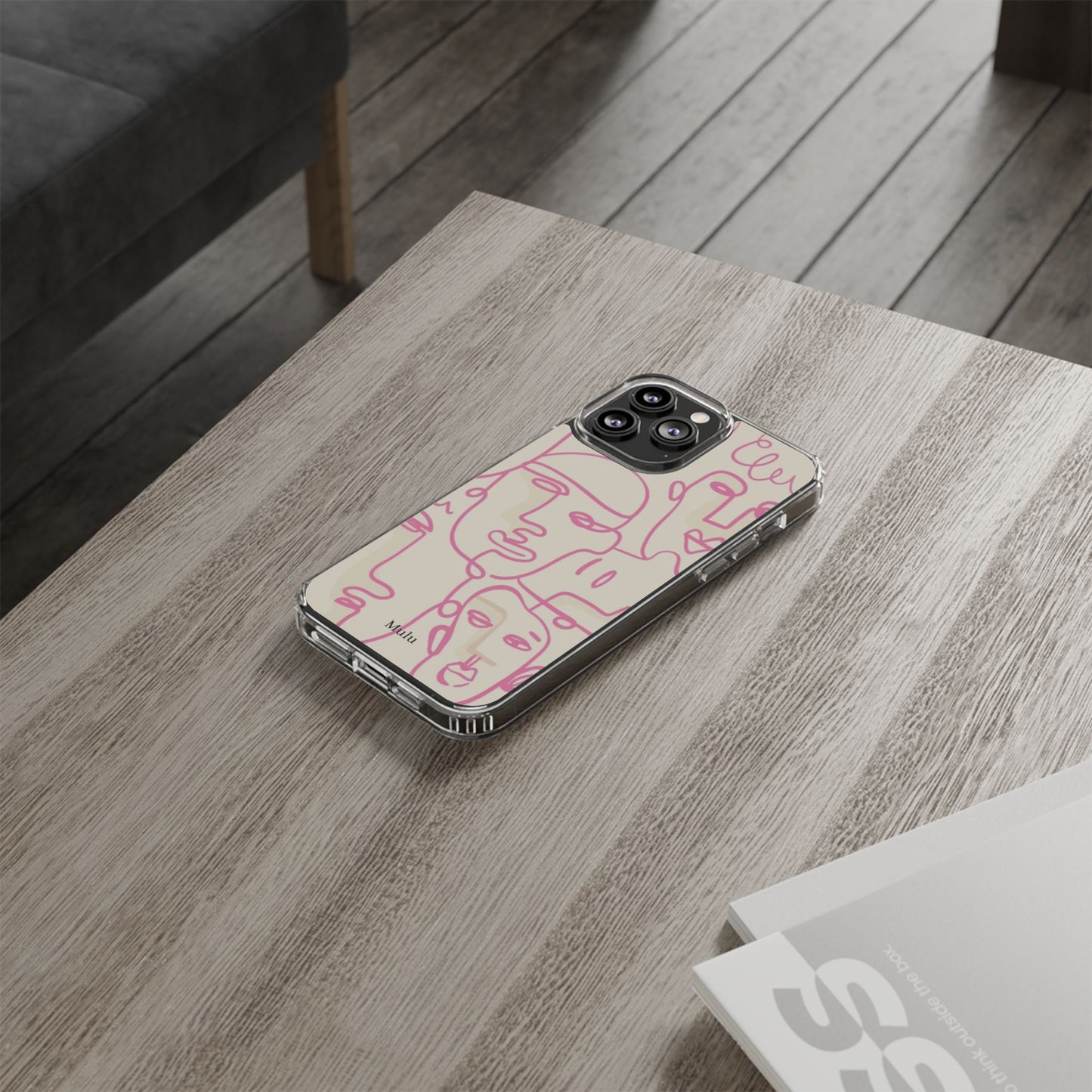Clear Impact-Resistant Phone Case — Pink Minimalist Line Faces Design