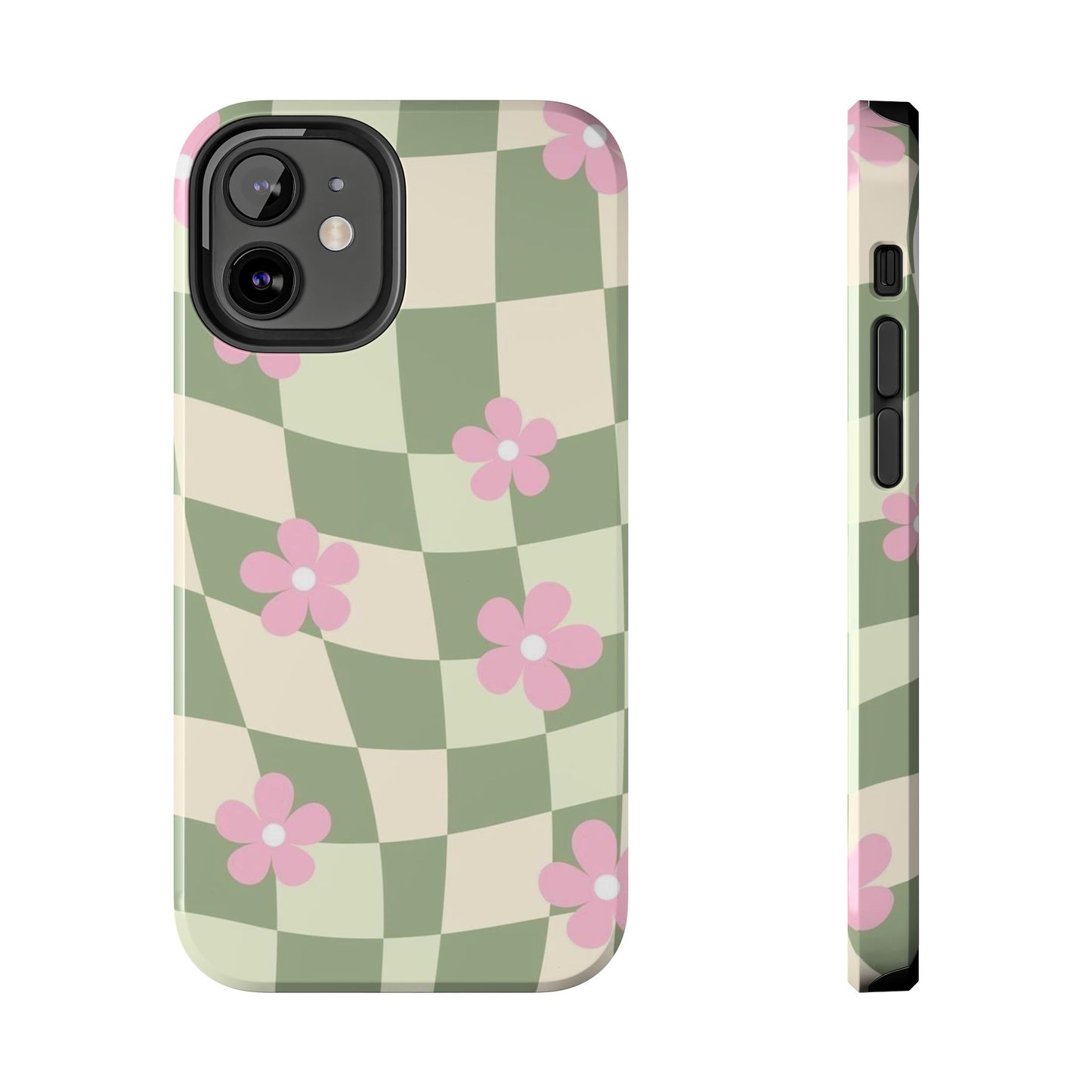 Tough Phone Case — Retro Green Checkerboard with Pink Flowers