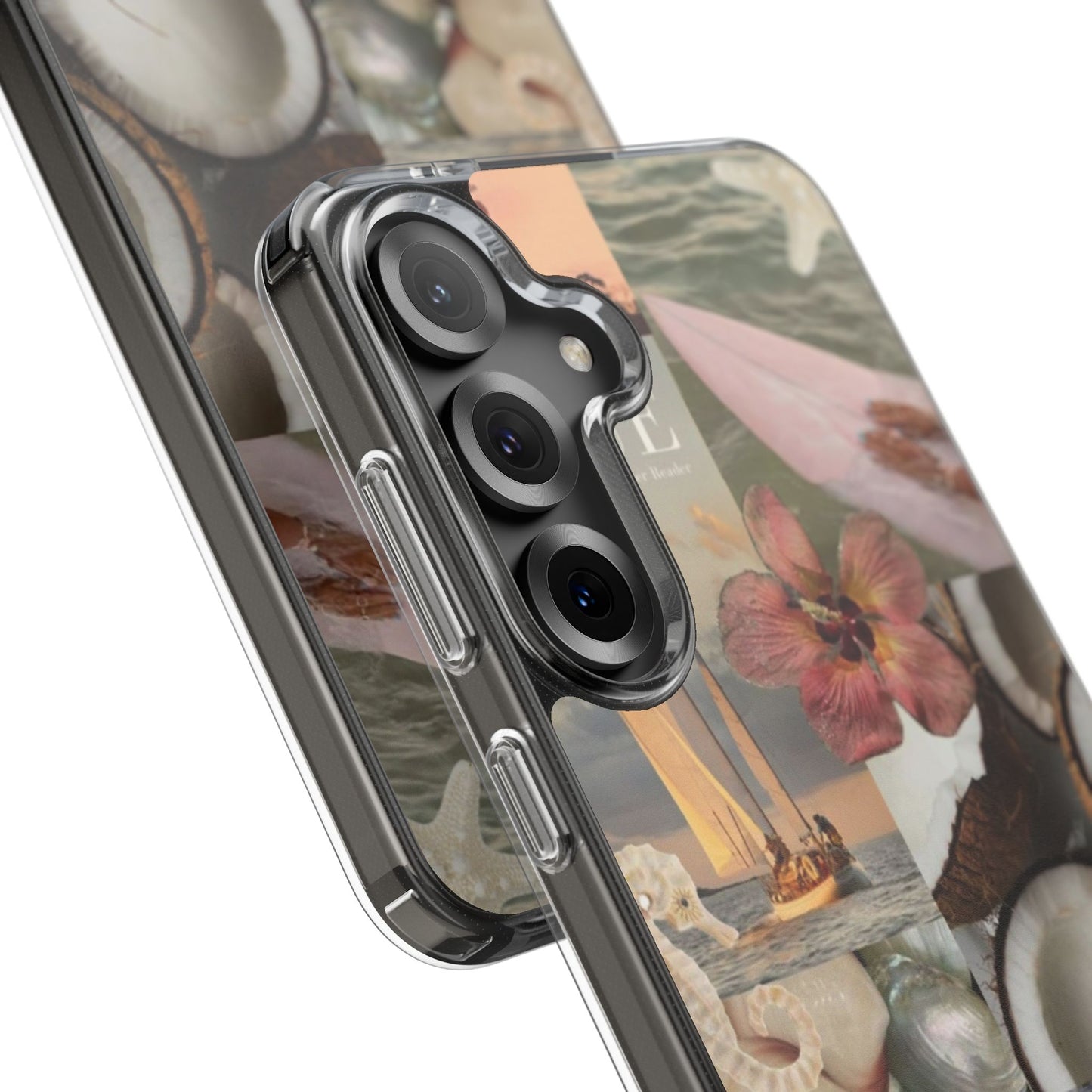 Clear Phone Case — Coastal Collage Shells & Surf Design