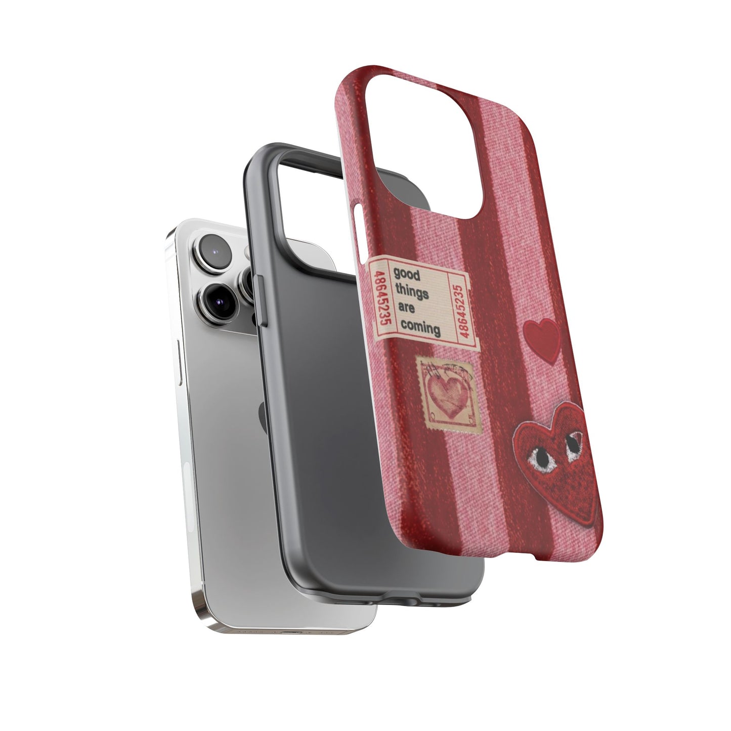 Phone Case — Red Striped Heart Design with “Good Things Are Coming”