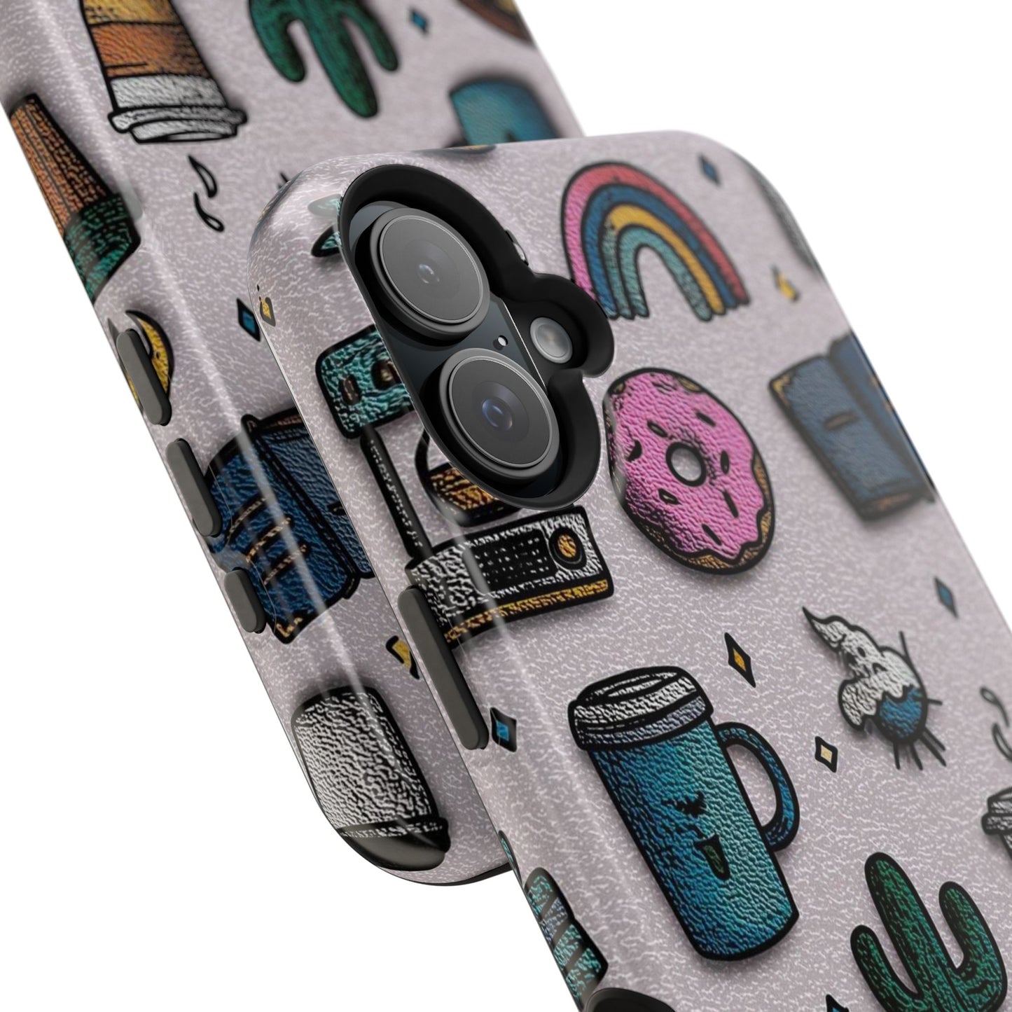 Cute Doodle Phone Case — Magnetic Impact-Resistant Design (coffee, rainbow, cactus)